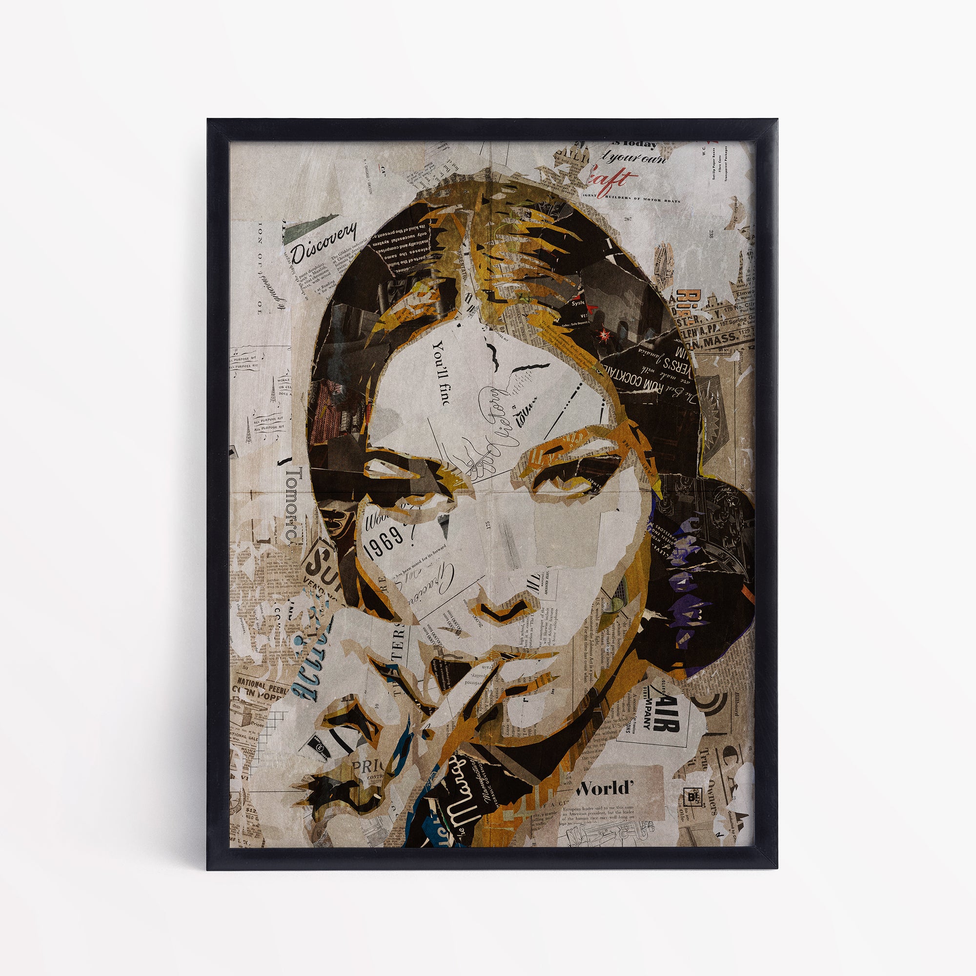 Be inspired by our iconic collage portrait art print of Carla Bruni. This artwork has been printed using the giclée process on archival acid-free paper and is presented in a sleek black frame, showcasing its timeless beauty in every detail.