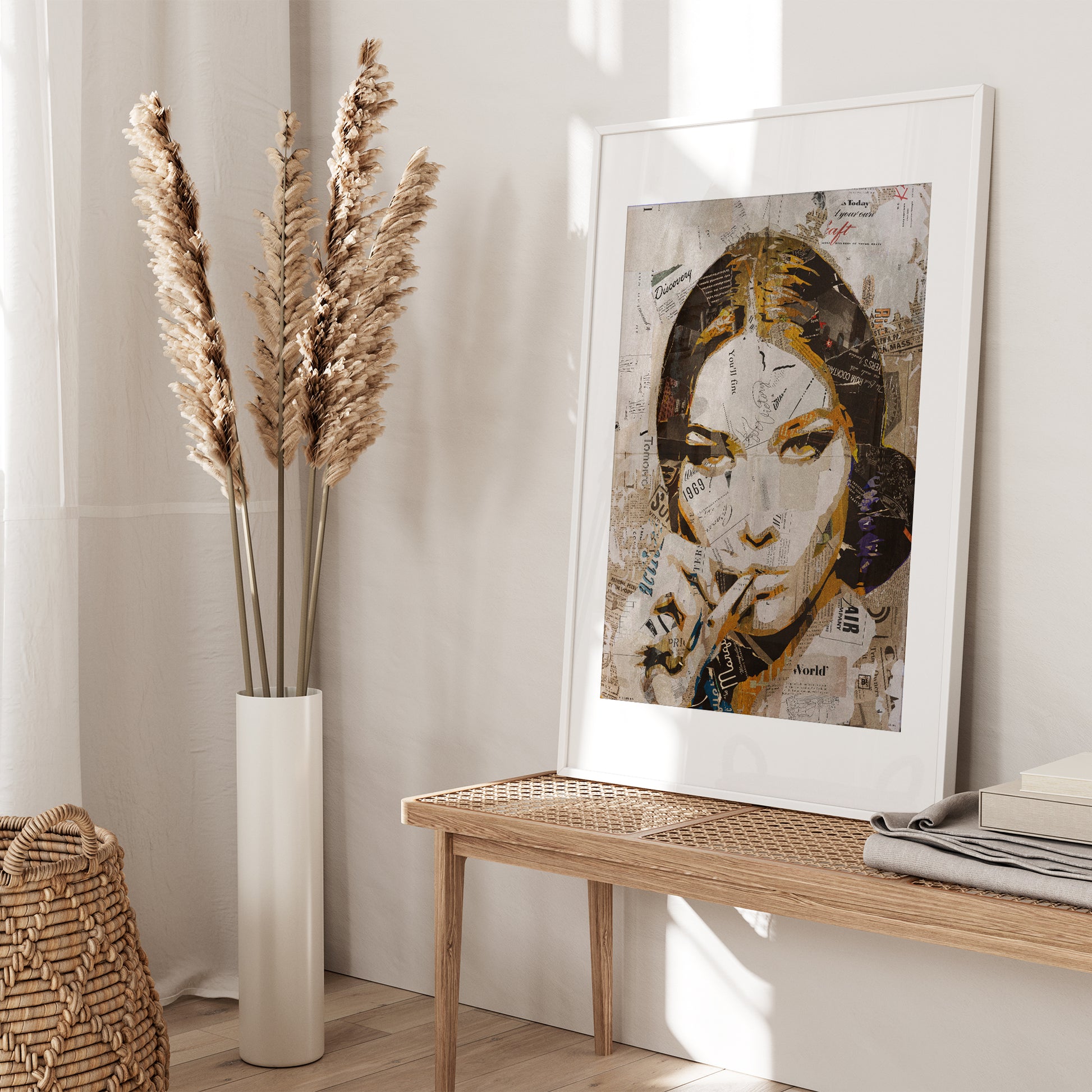 Be inspired by our iconic collage portrait art print of Carla Bruni. This artwork was printed using the giclée process on archival acid-free paper and is presented in a white frame with passe-partout, capturing its timeless beauty in every detail.