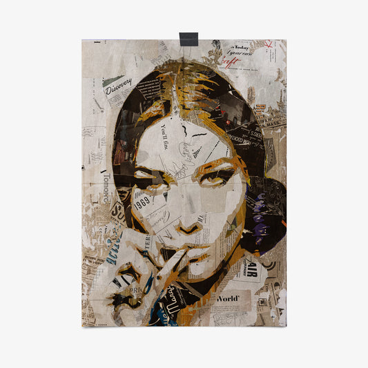 Be inspired by our iconic collage portrait art print of Carla Bruni. This artwork was printed using the giclée process on archival acid-free paper, capturing its timeless beauty in every detail.