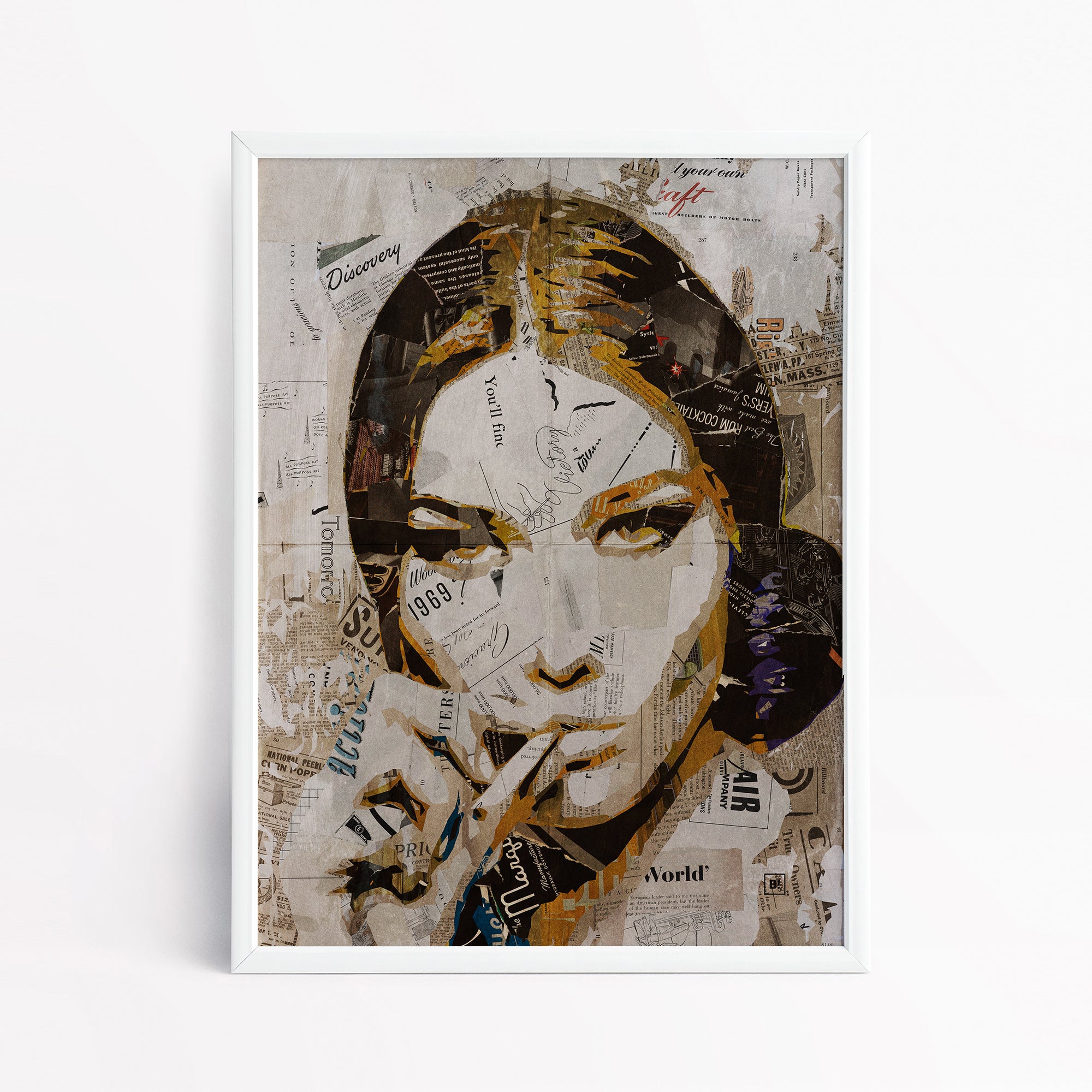 Be inspired by our iconic collage portrait art print of Carla Bruni. This artwork has been printed using the giclée process on archival acid-free paper and is presented in a sleek white frame, showcasing its timeless beauty in every detail.