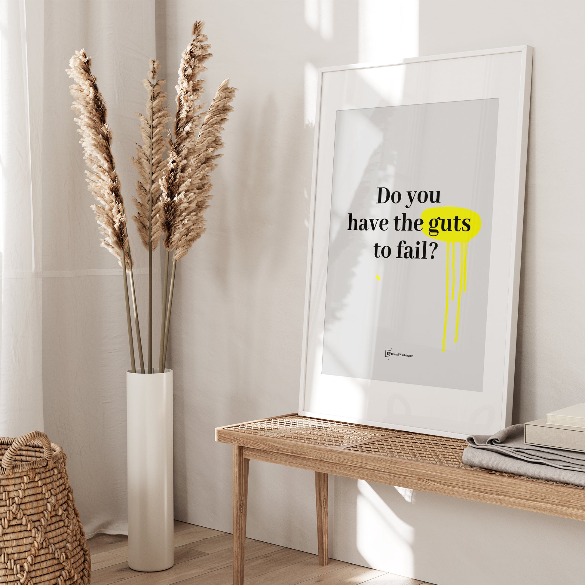 Be inspired by Denzel Washington's famous "Do you have the guts to fail?" quote art print. This artwork was printed using the giclée process on archival acid-free paper and is presented in a white frame with passe-partout that captures its timeless beauty in every detail.