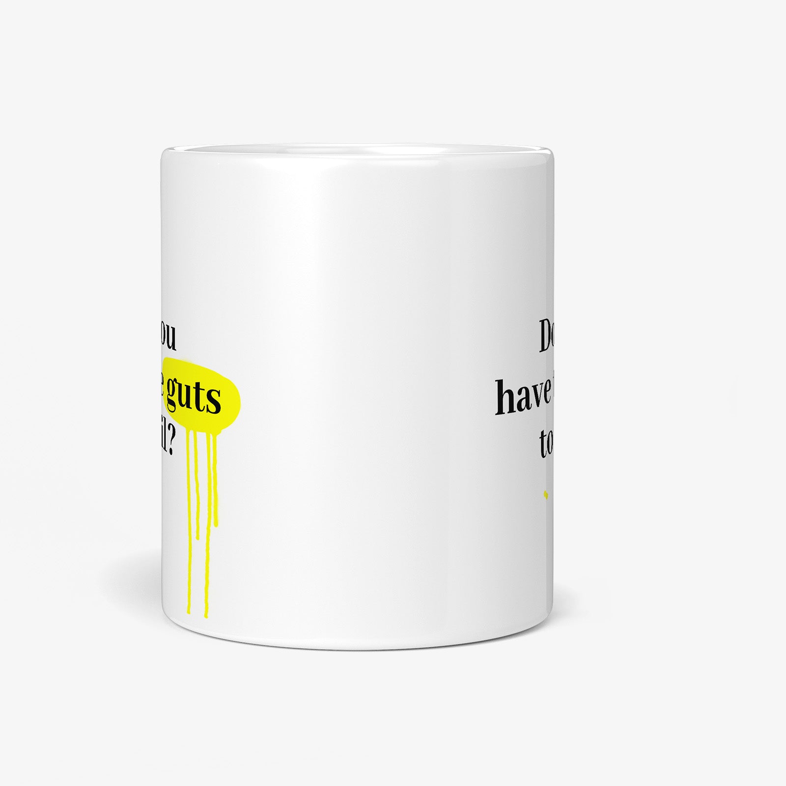 Be inspired by Denzel Washington's famous quote, "Do you have the guts to fail?" on this white and glossy 11oz coffee mug with a front view.