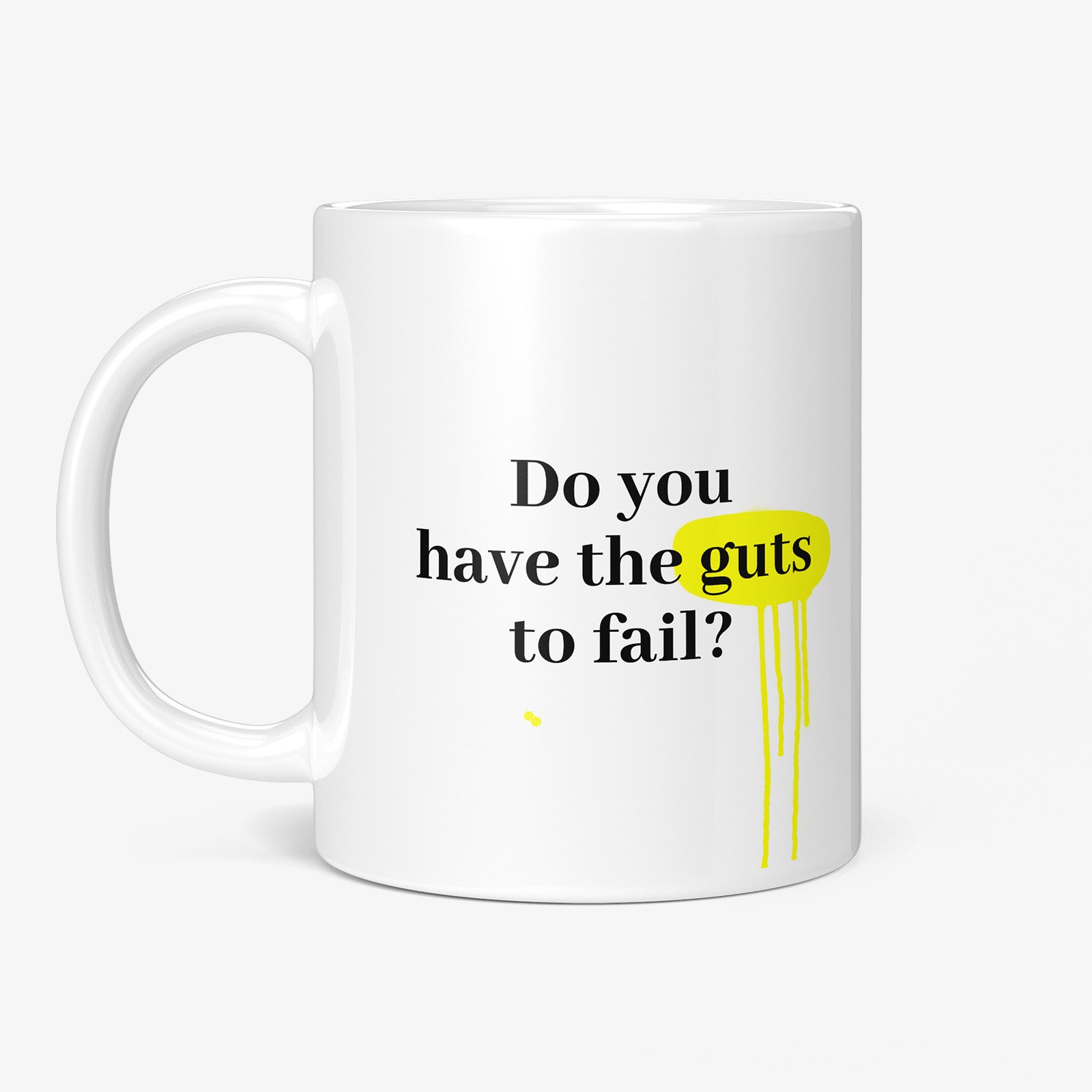 Be inspired by Denzel Washington's famous quote, "Do you have the guts to fail?" on this white and glossy 11oz coffee mug with the handle on the left.
