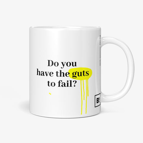 Be inspired by Denzel Washington's famous quote, "Do you have the guts to fail?" on this white and glossy 11oz coffee mug with the handle on the right.