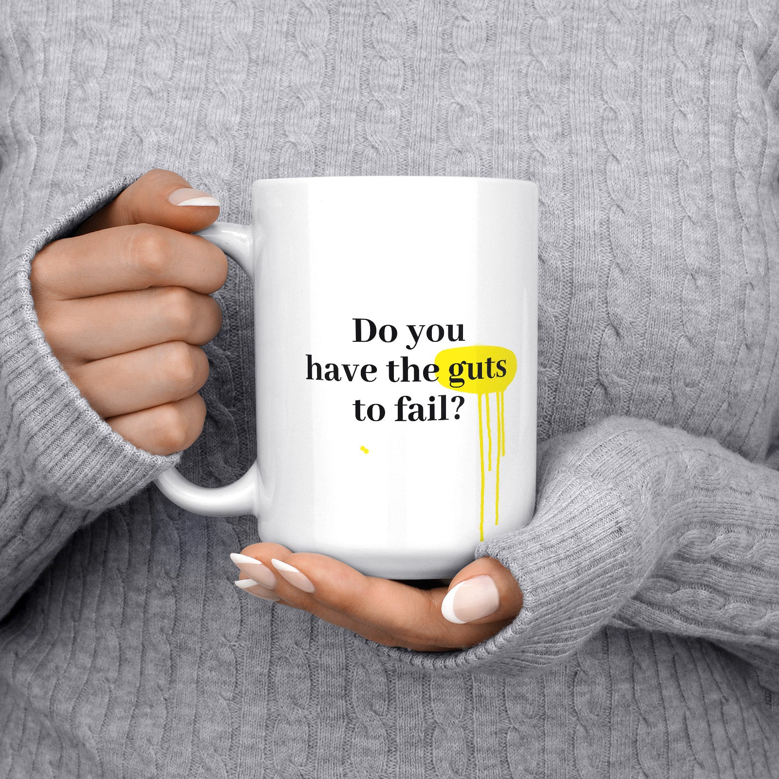 Be inspired by Denzel Washington's famous quote, "Do you have the guts to fail?" on this white and glossy 15oz coffee mug with the handle on the left.