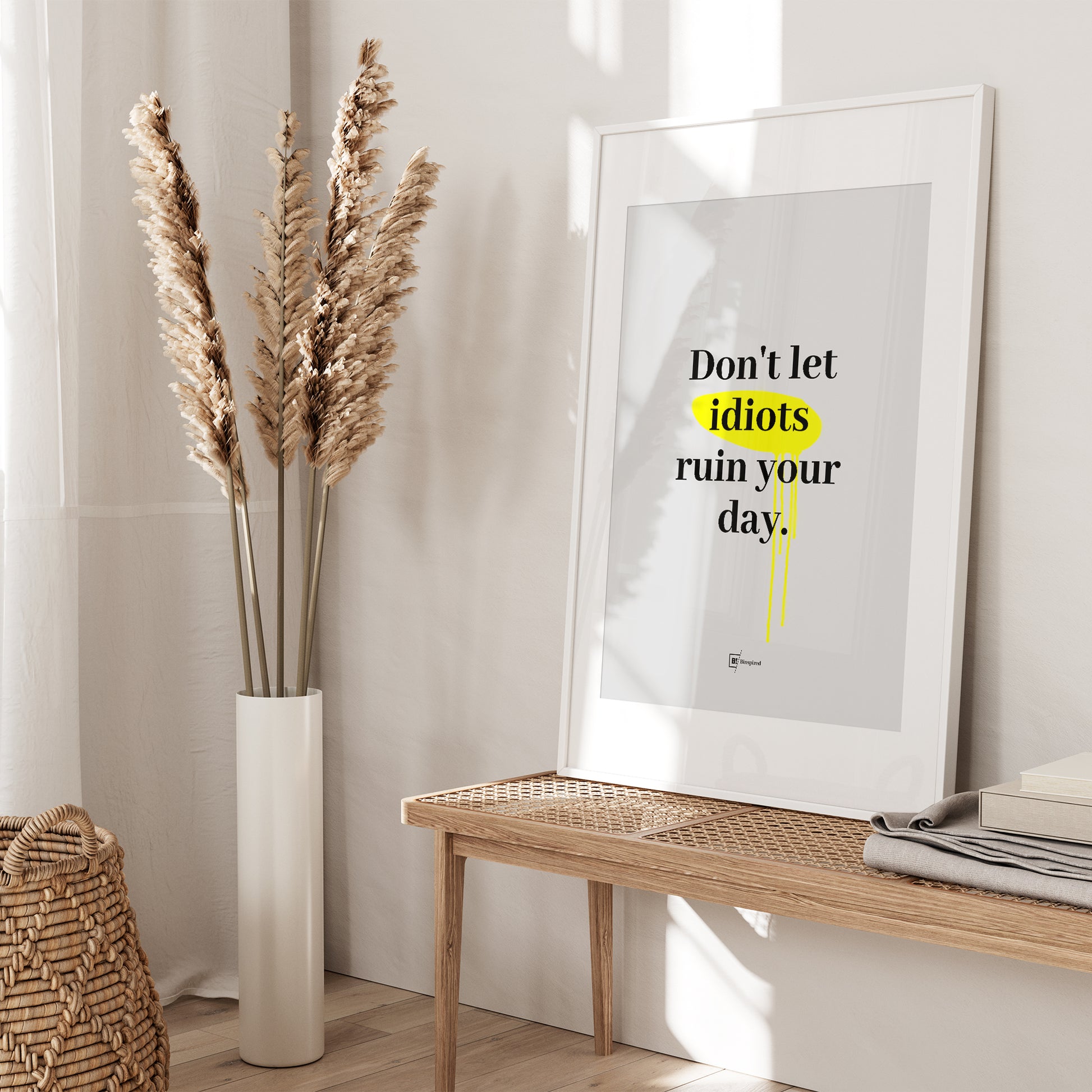 Be inspired by our "Don't let idiots ruin your day" quote art print! This artwork was printed using the giclée process on archival acid-free paper and is presented in a white frame with passe-partout that captures its timeless beauty in every detail.