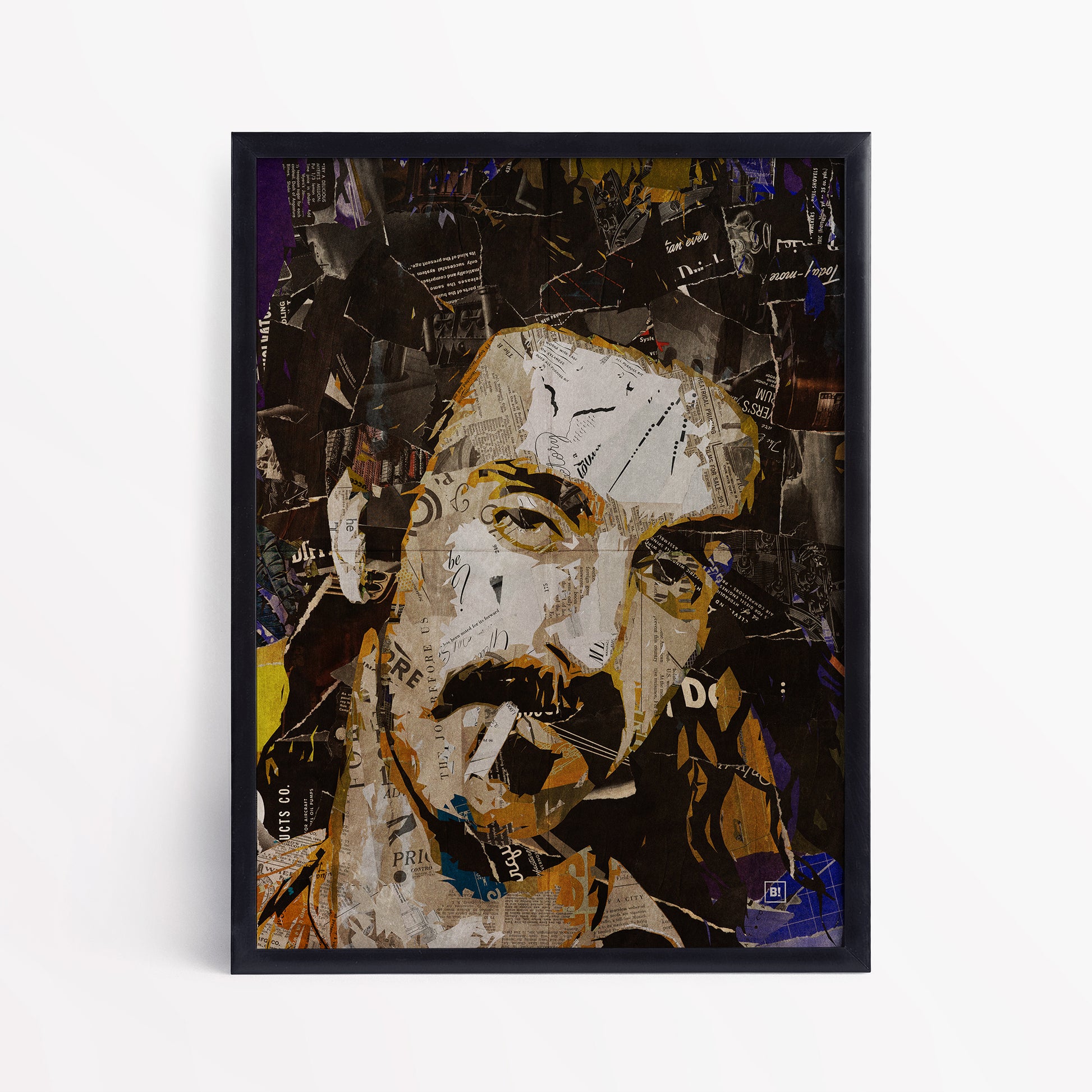 Be inspired by our iconic collage portrait art print of Frank Zappa. This artwork has been printed using the giclée process on archival acid-free paper and is presented in a sleek black frame, showcasing its timeless beauty in every detail.