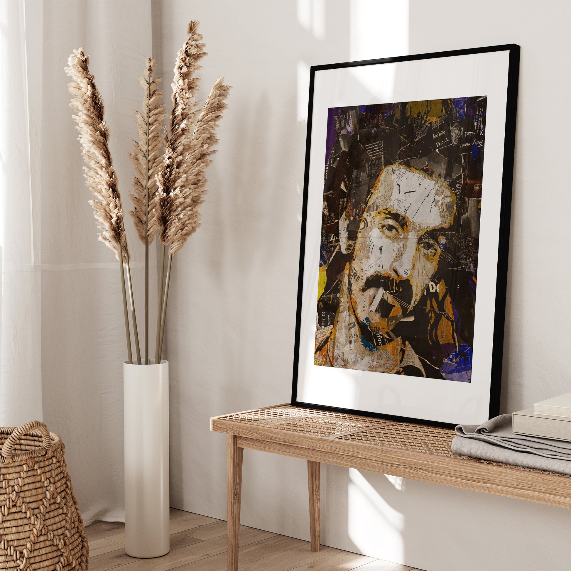 Be inspired by our iconic collage portrait art print of Frank Zappa. This artwork was printed using the giclée process on archival acid-free paper and is presented in a black frame with passe-partout, capturing its timeless beauty in every detail.