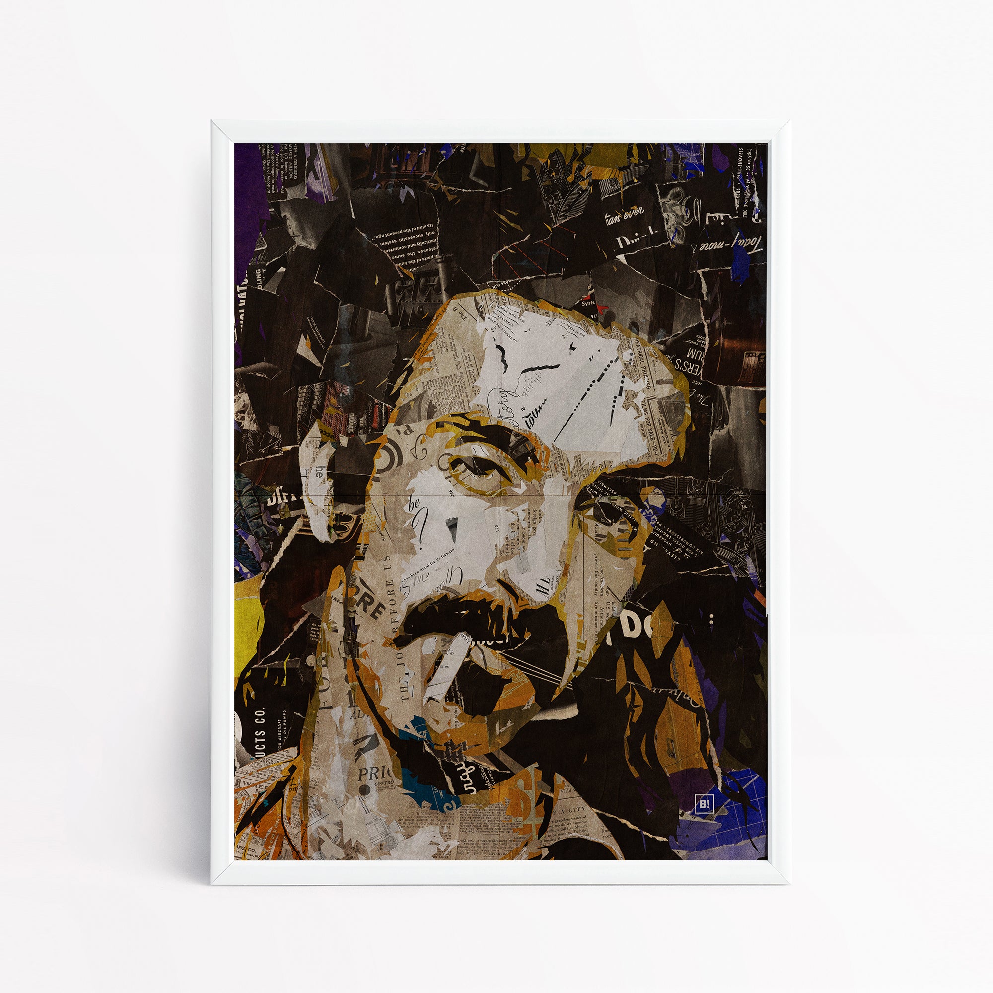 Be inspired by our iconic collage portrait art print of Frank Zappa. This artwork has been printed using the giclée process on archival acid-free paper and is presented in a sleek white frame, showcasing its timeless beauty in every detail.