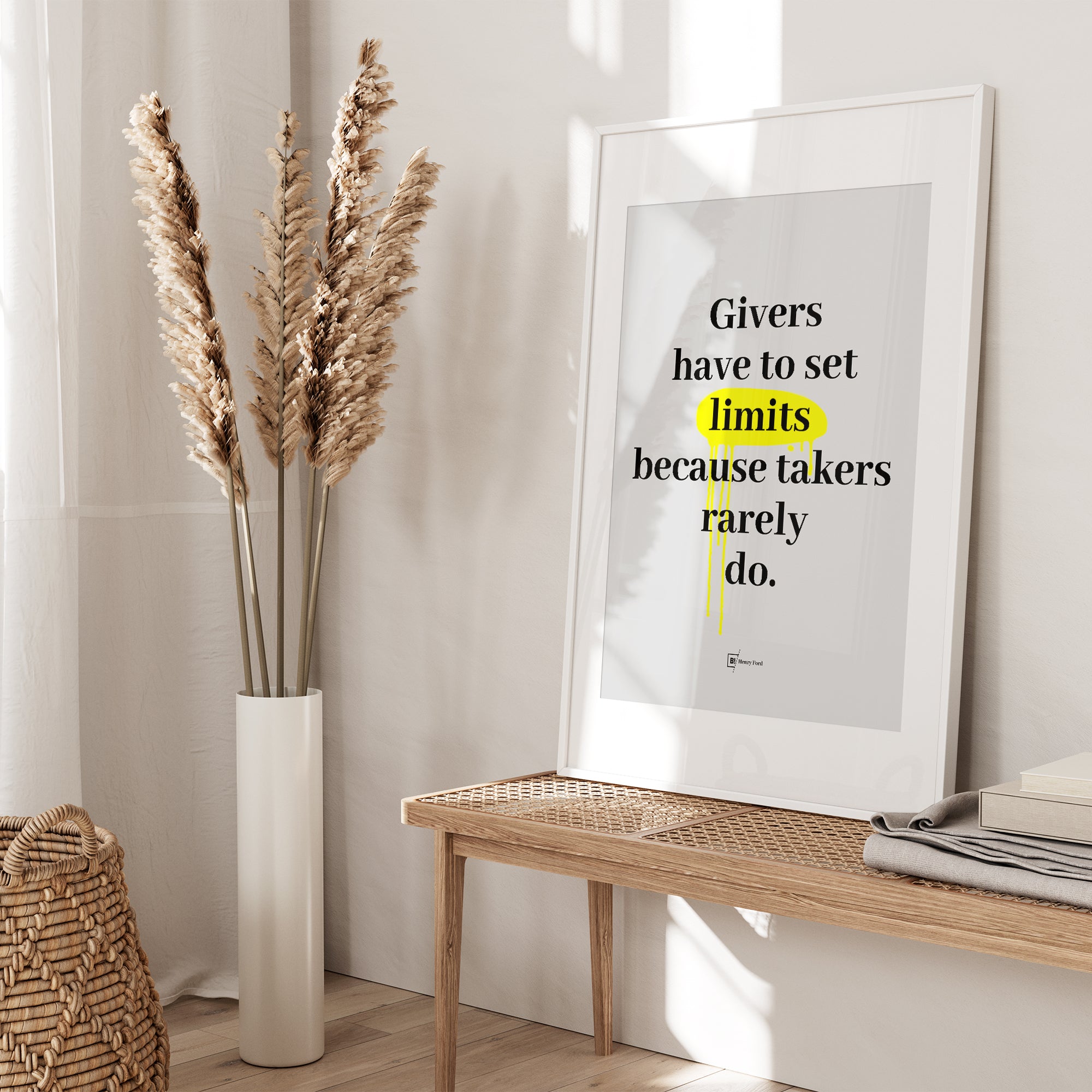 Be inspired by Henry Ford's famous "Givers have to set limits because takers rarely do" quote art print. This artwork was printed using the giclée process on archival acid-free paper and is presented in a white frame with passe-partout that captures its timeless beauty in every detail.