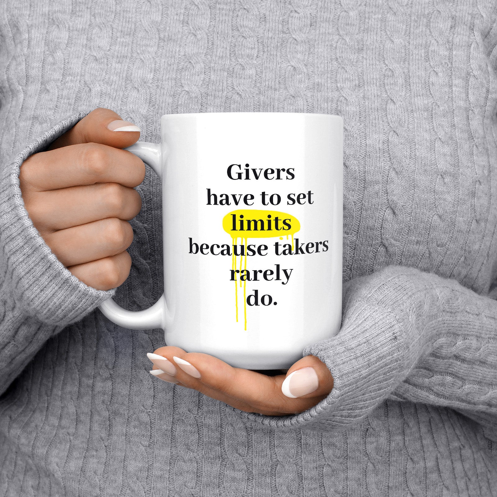 Be inspired by Henry Ford's famous quote, "Givers have to set limits because takers rarely do" on this white and glossy 15oz coffee mug with the handle on the left.