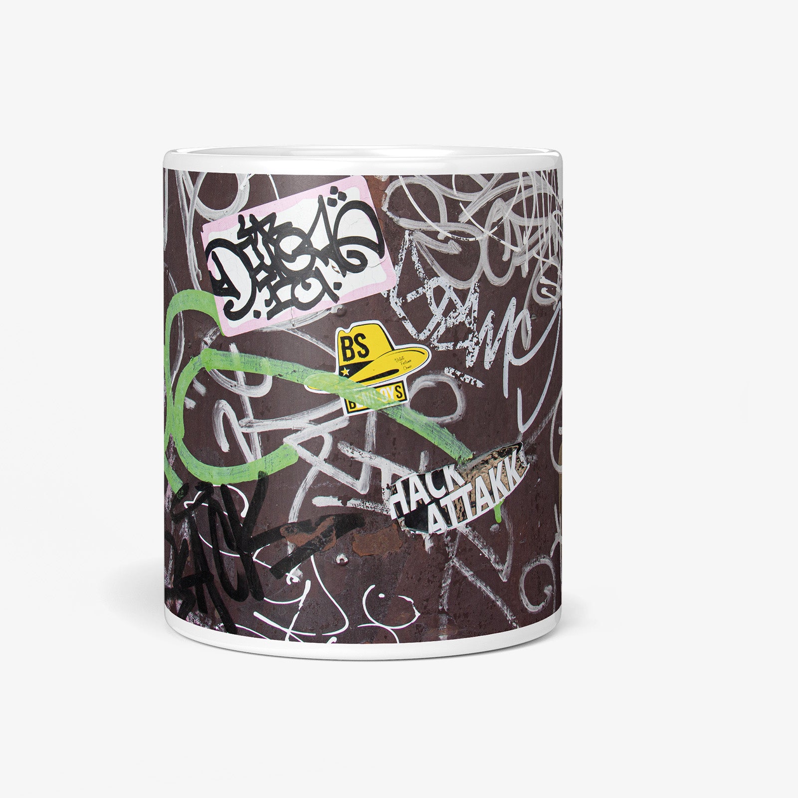 Be inspired by our Urban Art Coffee Mug "Hack Attakk - No2" from Chiang Mai. This mug features an 11oz size with a front view.