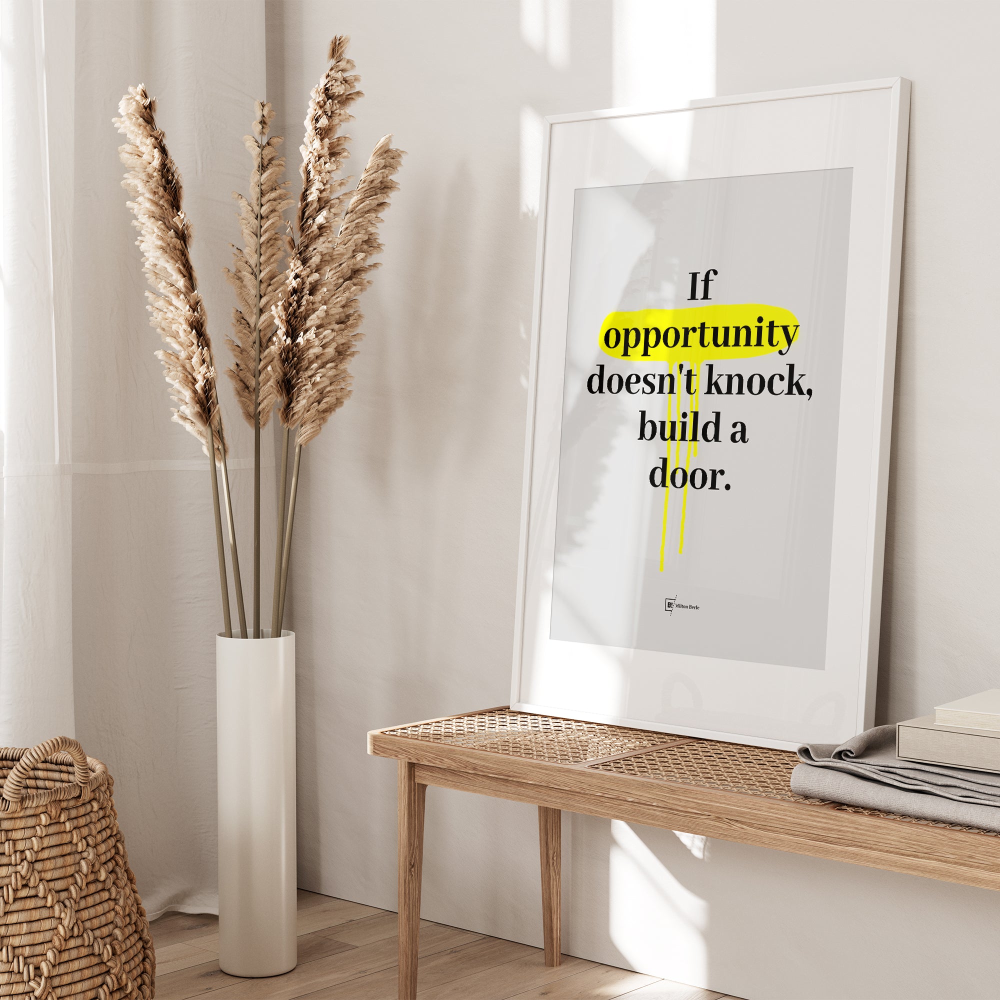 Be inspired by Milton Berle's famous "If opportunity doesn't knock, build a door" quote art print. This artwork was printed using the giclée process on archival acid-free paper and is presented in a white frame with passe-partout that captures its timeless beauty in every detail.