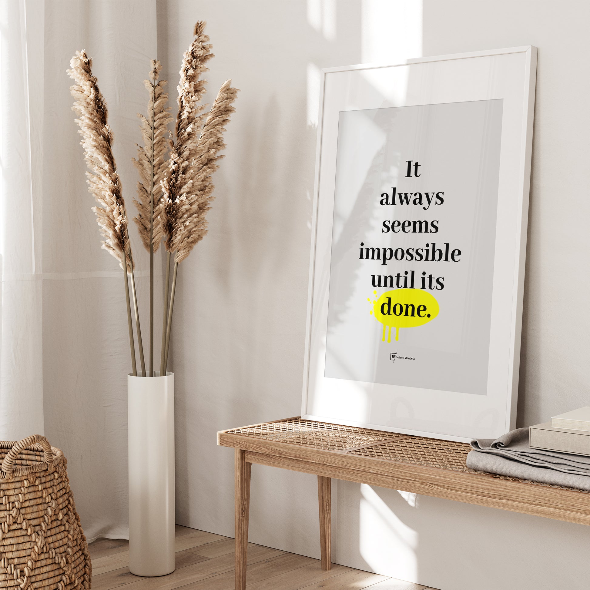 Be inspired by Nelson Mandela's famous "It always seems impossible until its done" quote art print. This artwork was printed using the giclée process on archival acid-free paper and is presented in a white frame with passe-partout that captures its timeless beauty in every detail.