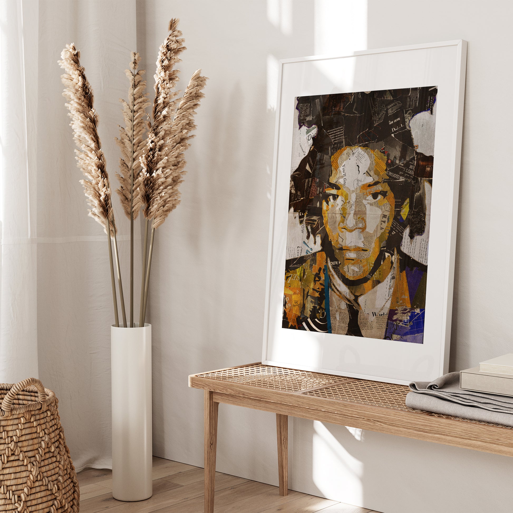 Be inspired by our iconic collage portrait art print of Jean-Michel Basquiat. This artwork was printed using the giclée process on archival acid-free paper and is presented in a white frame with passe-partout, capturing its timeless beauty in every detail.