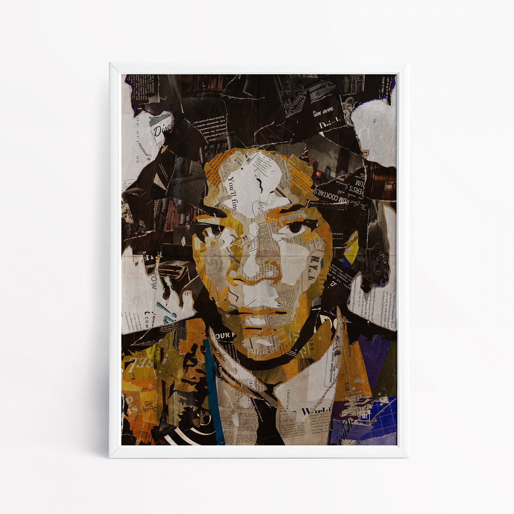 Be inspired by our iconic collage portrait art print of Jean-Michel Basquiat. This artwork has been printed using the giclée process on archival acid-free paper and is presented in a sleek white frame, showcasing its timeless beauty in every detail.