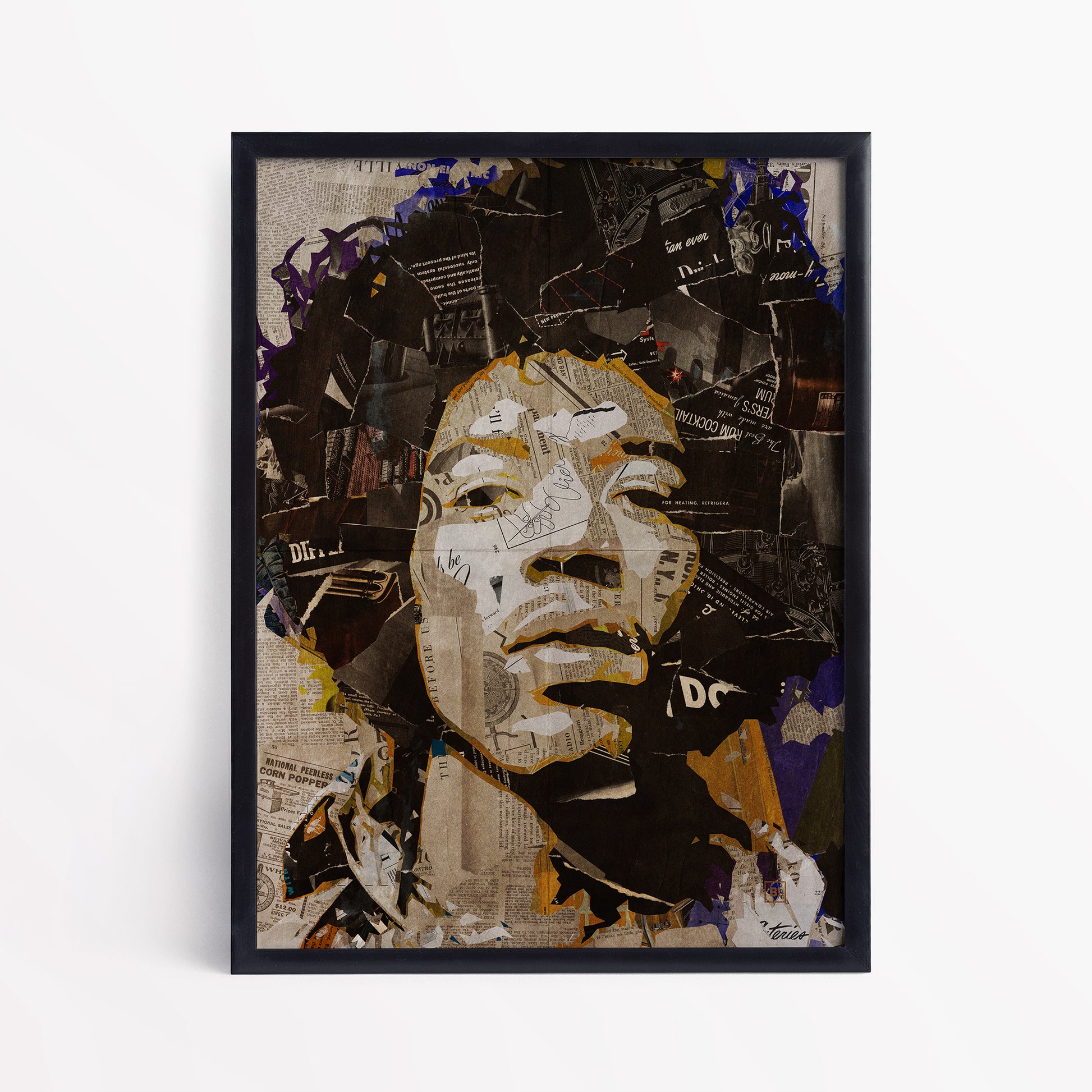 Be inspired by our iconic collage portrait art print of Jimi Hendrix. This artwork has been printed using the giclée process on archival acid-free paper and is presented in a sleek black frame, showcasing its timeless beauty in every detail.