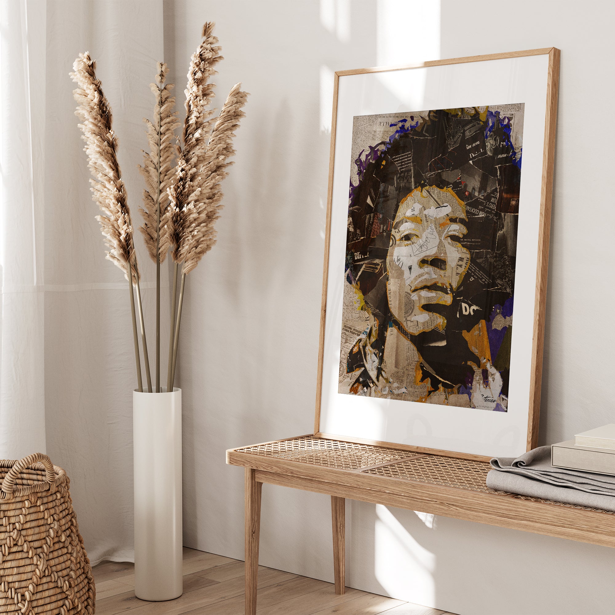 Be inspired by our iconic collage portrait art print of Jimi Hendrix. This artwork was printed using the giclée process on archival acid-free paper and is presented in a white frame with passe-partout, capturing its timeless beauty in every detail.