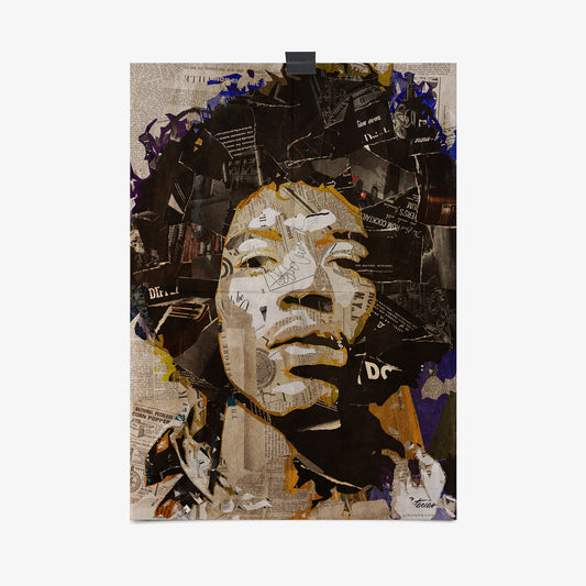 Be inspired by our iconic collage portrait art print of Jimi Hendrix. This artwork was printed using the giclée process on archival acid-free paper, capturing its timeless beauty in every detail.