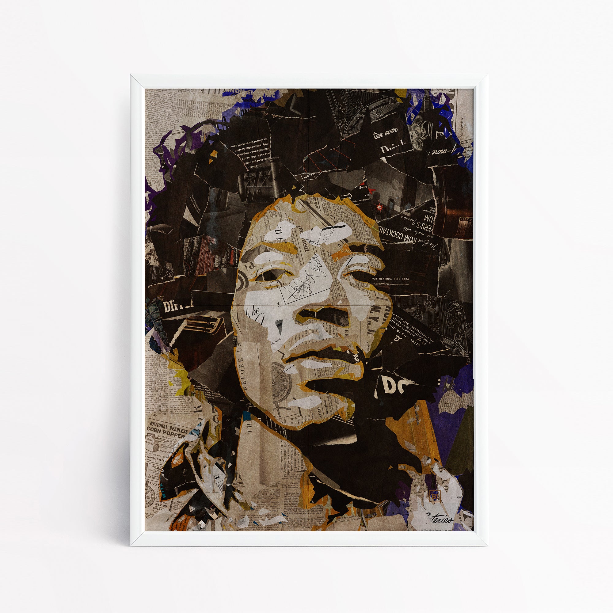 Be inspired by our iconic collage portrait art print of Jimi Hendrix. This artwork has been printed using the giclée process on archival acid-free paper and is presented in a sleek white frame, showcasing its timeless beauty in every detail.