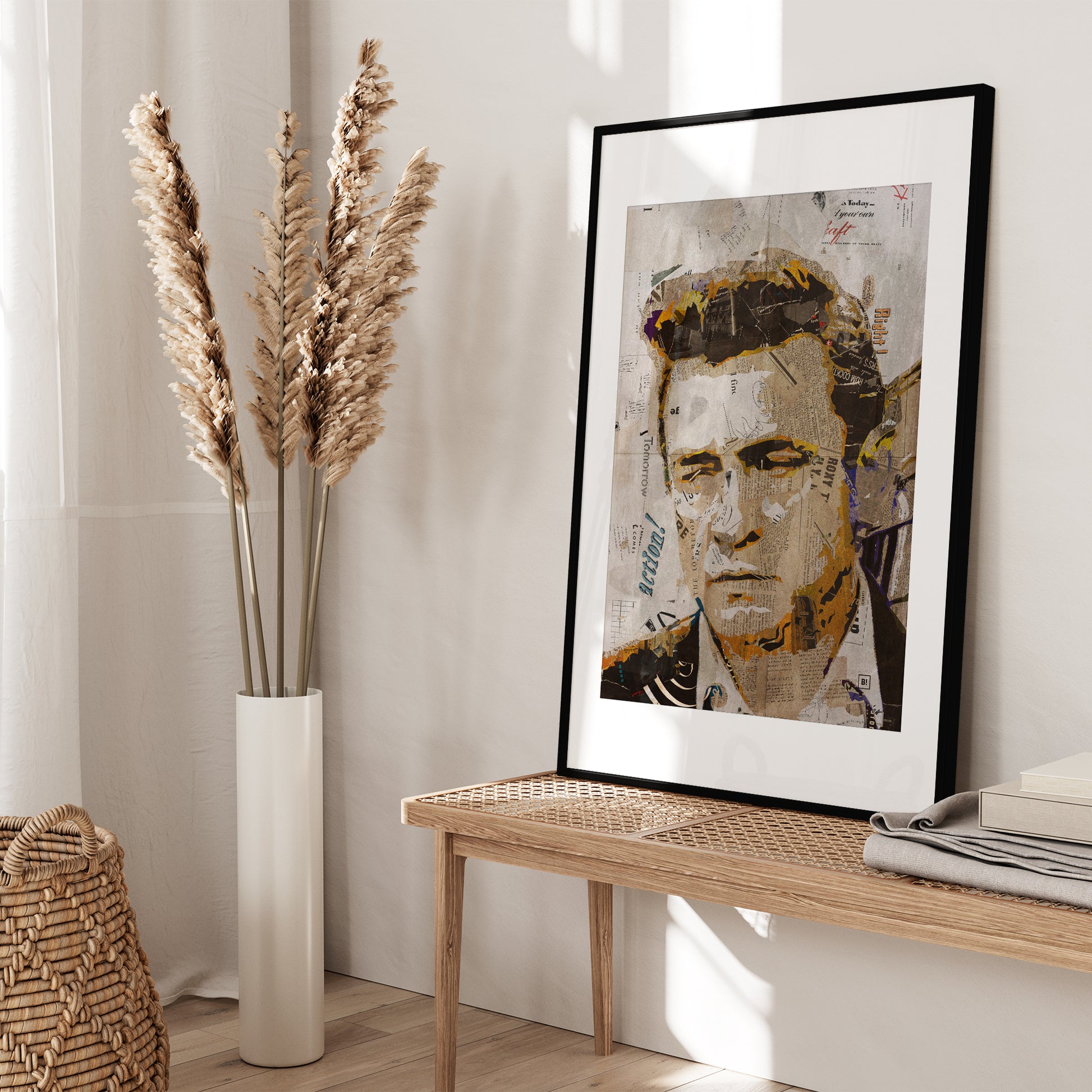 Be inspired by our iconic collage portrait art print of Johnny Cash. This artwork was printed using the giclée process on archival acid-free paper and is presented in a black frame with passe-partout, capturing its timeless beauty in every detail.