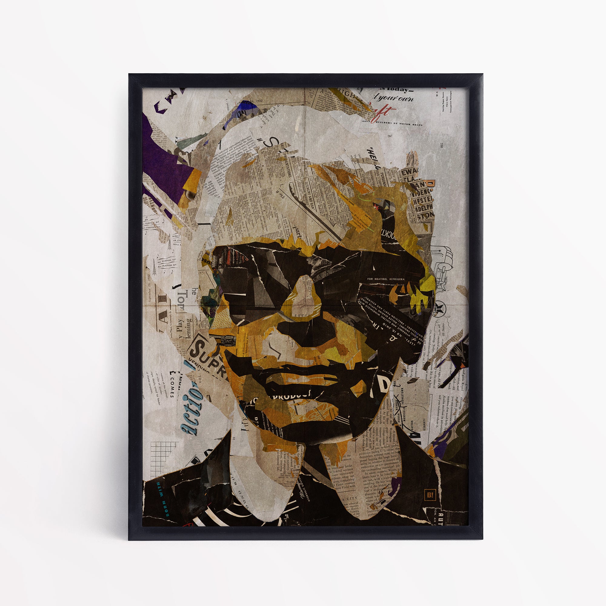 Be inspired by our iconic collage portrait art print of Karl Lagerfeld. This artwork has been printed using the giclée process on archival acid-free paper and is presented in a sleek black frame, showcasing its timeless beauty in every detail.