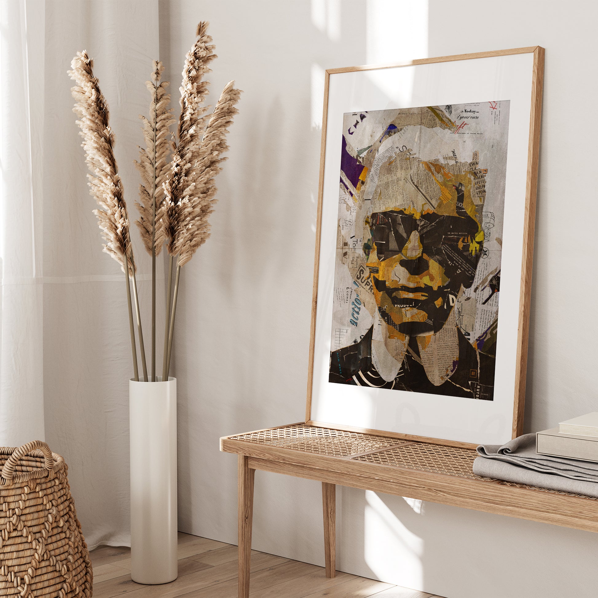Be inspired by our iconic collage portrait art print of Karl Lagerfeld. This artwork was printed using the giclée process on archival acid-free paper and is presented in an oak frame with passe-partout, capturing its timeless beauty in every detail.