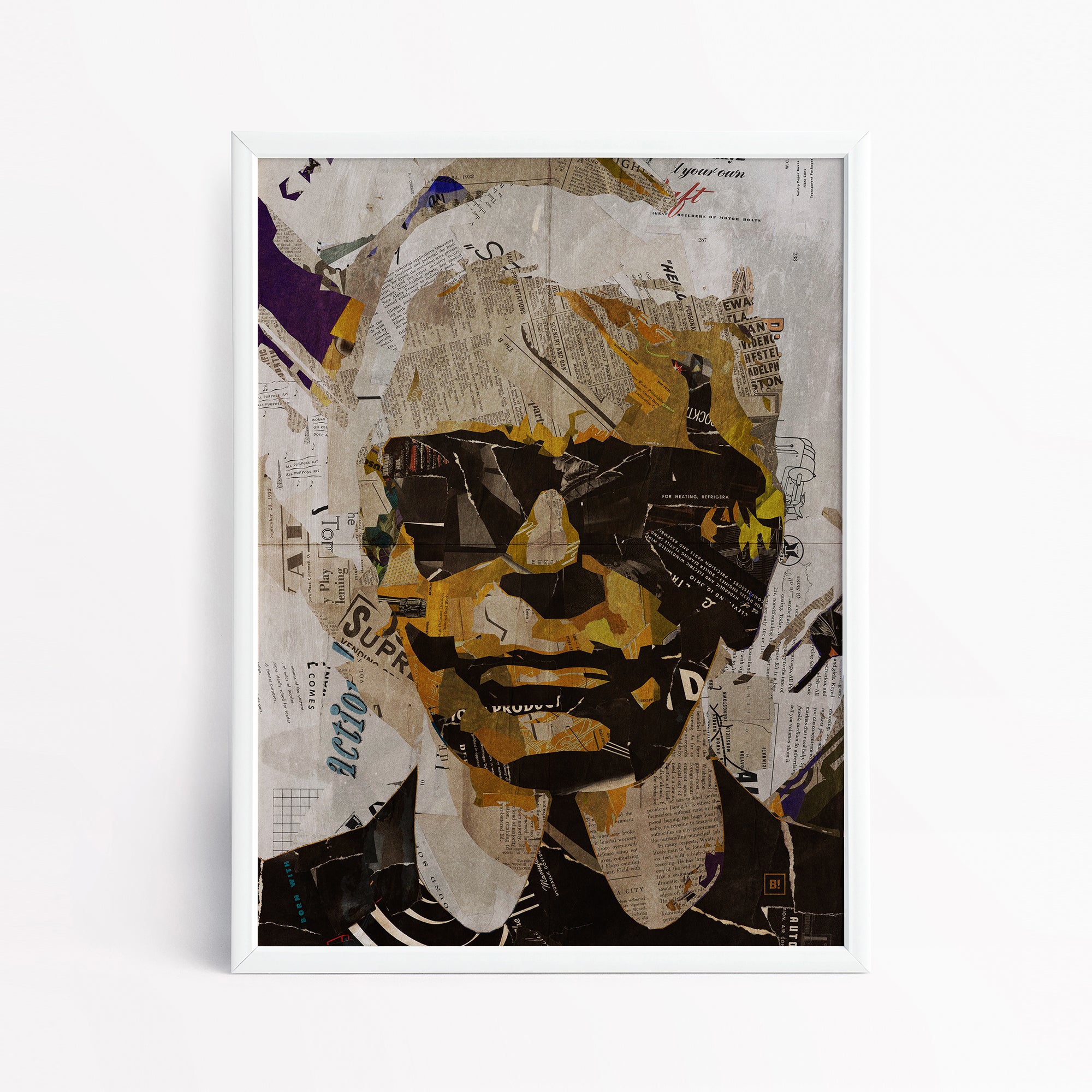Be inspired by our iconic collage portrait art print of Karl Lagerfeld. This artwork has been printed using the giclée process on archival acid-free paper and is presented in a sleek white frame, showcasing its timeless beauty in every detail.