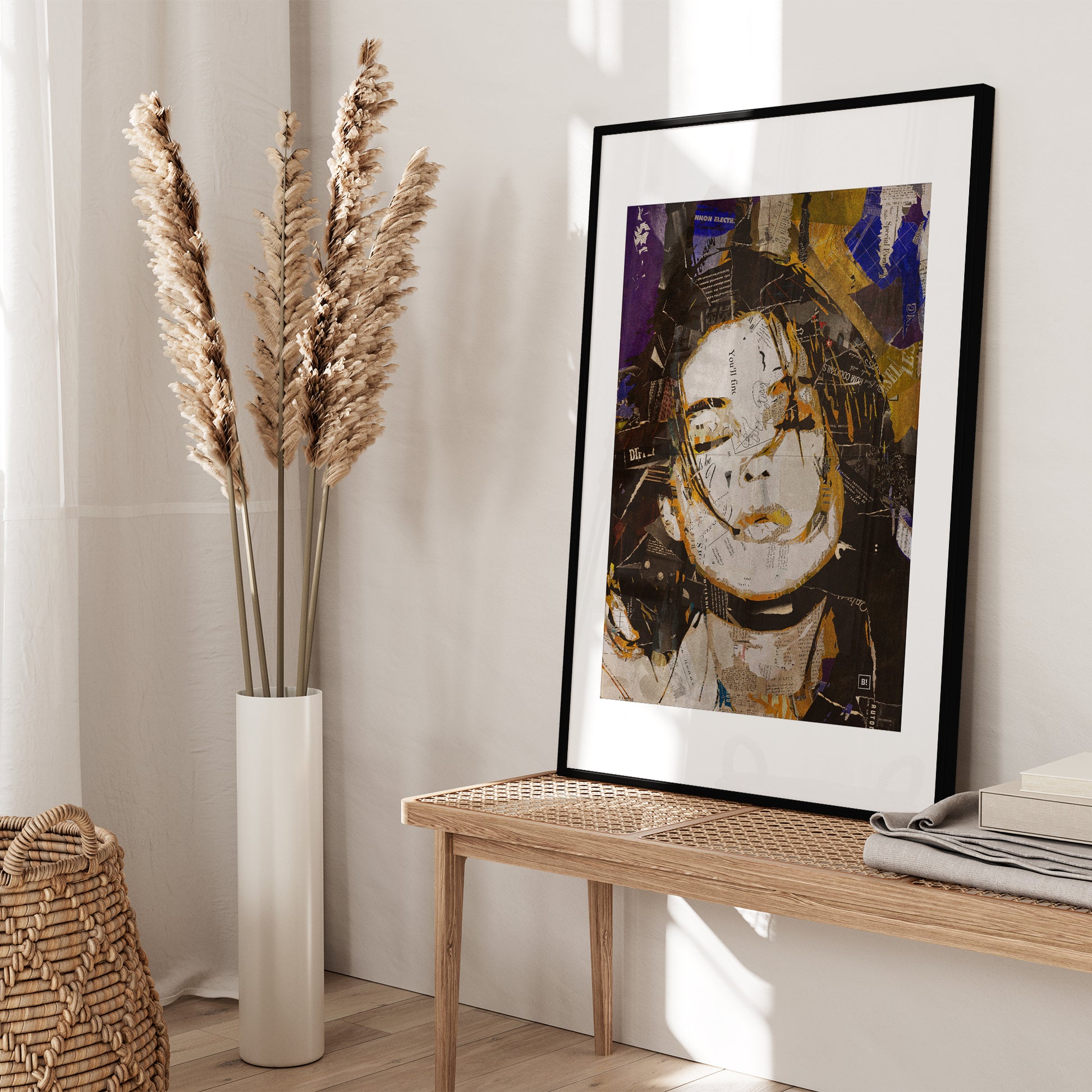 Be inspired by our iconic collage portrait art print of Monica Bellucci. This artwork has been printed using the giclée process on archival acid-free paper and is presented in a sleek black frame, showcasing its timeless beauty in every detail.