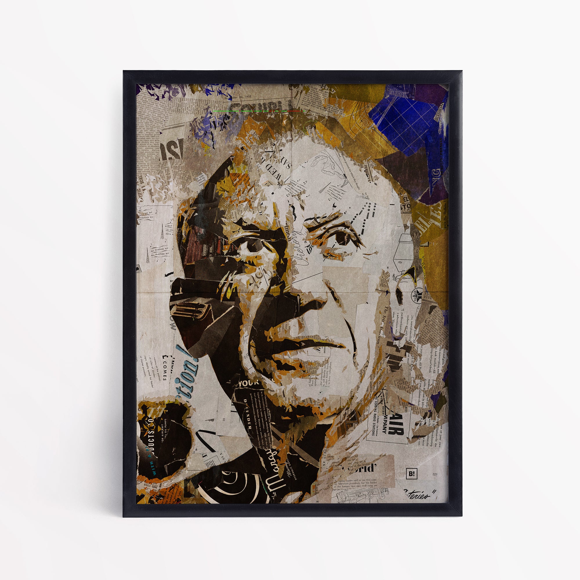 Be inspired by our iconic collage portrait art print of Pablo Picasso. This artwork has been printed using the giclée process on archival acid-free paper and is presented in a sleek black frame, showcasing its timeless beauty in every detail.