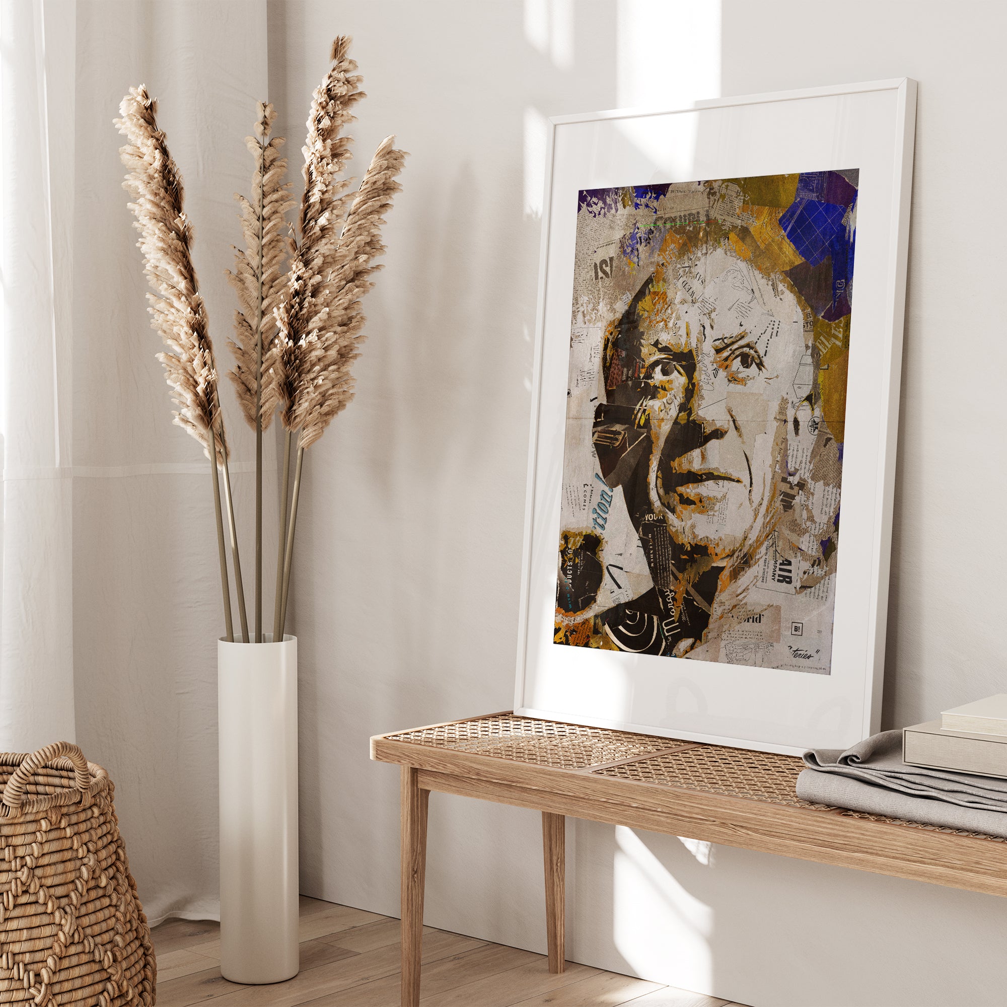 Be inspired by our iconic collage portrait art print of Pablo Picasso. This artwork was printed using the giclée process on archival acid-free paper and is presented in a white frame with passe-partout, capturing its timeless beauty in every detail.