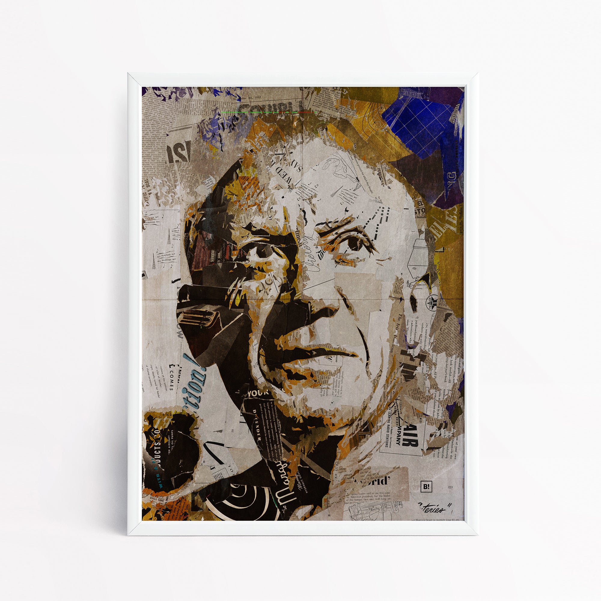 Be inspired by our iconic collage portrait art print of Pablo Picasso. This artwork has been printed using the giclée process on archival acid-free paper and is presented in a sleek white frame, showcasing its timeless beauty in every detail.