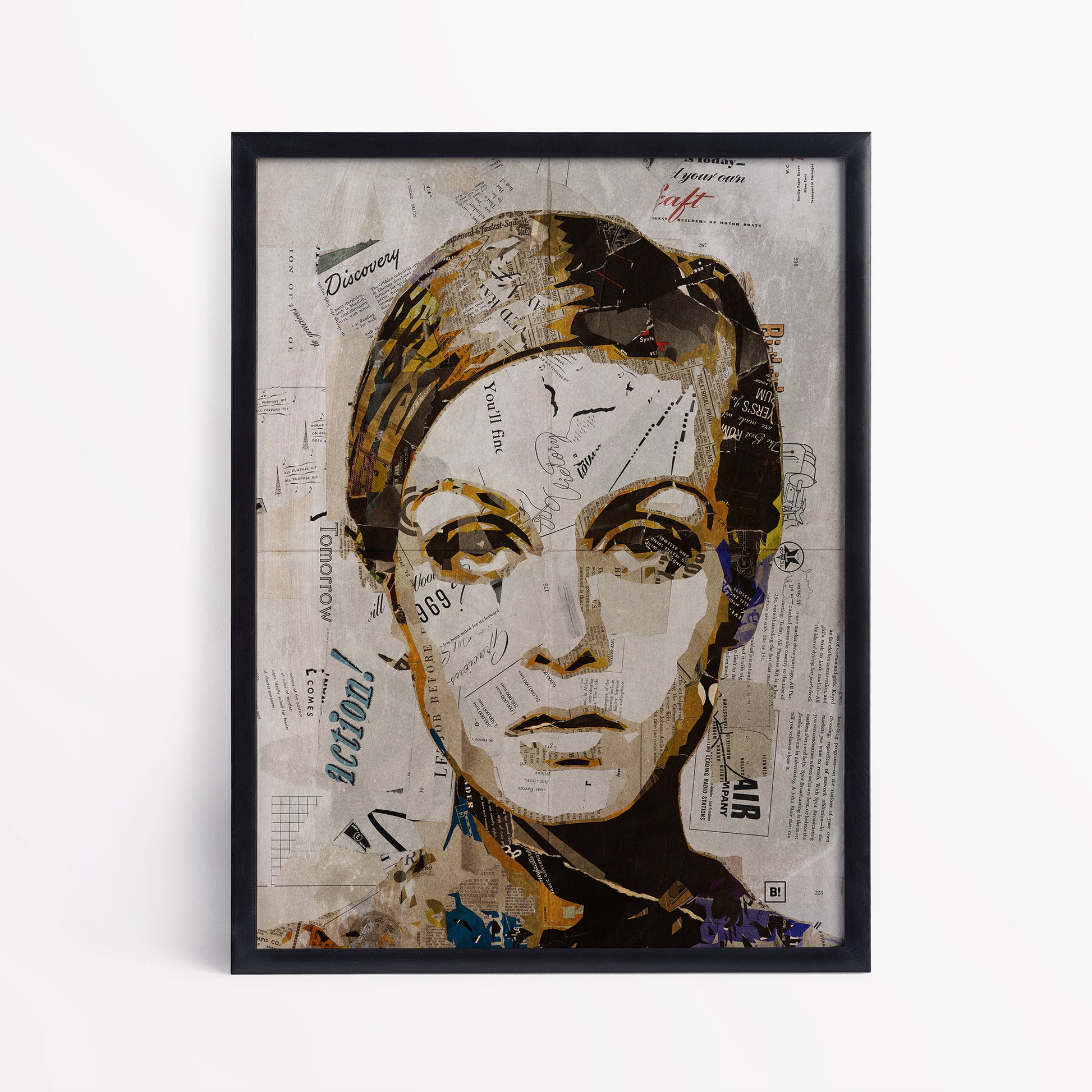 Be inspired by our iconic collage portrait art print of Twiggy. This artwork has been printed using the giclée process on archival acid-free paper and is presented in a sleek black frame, showcasing its timeless beauty in every detail.