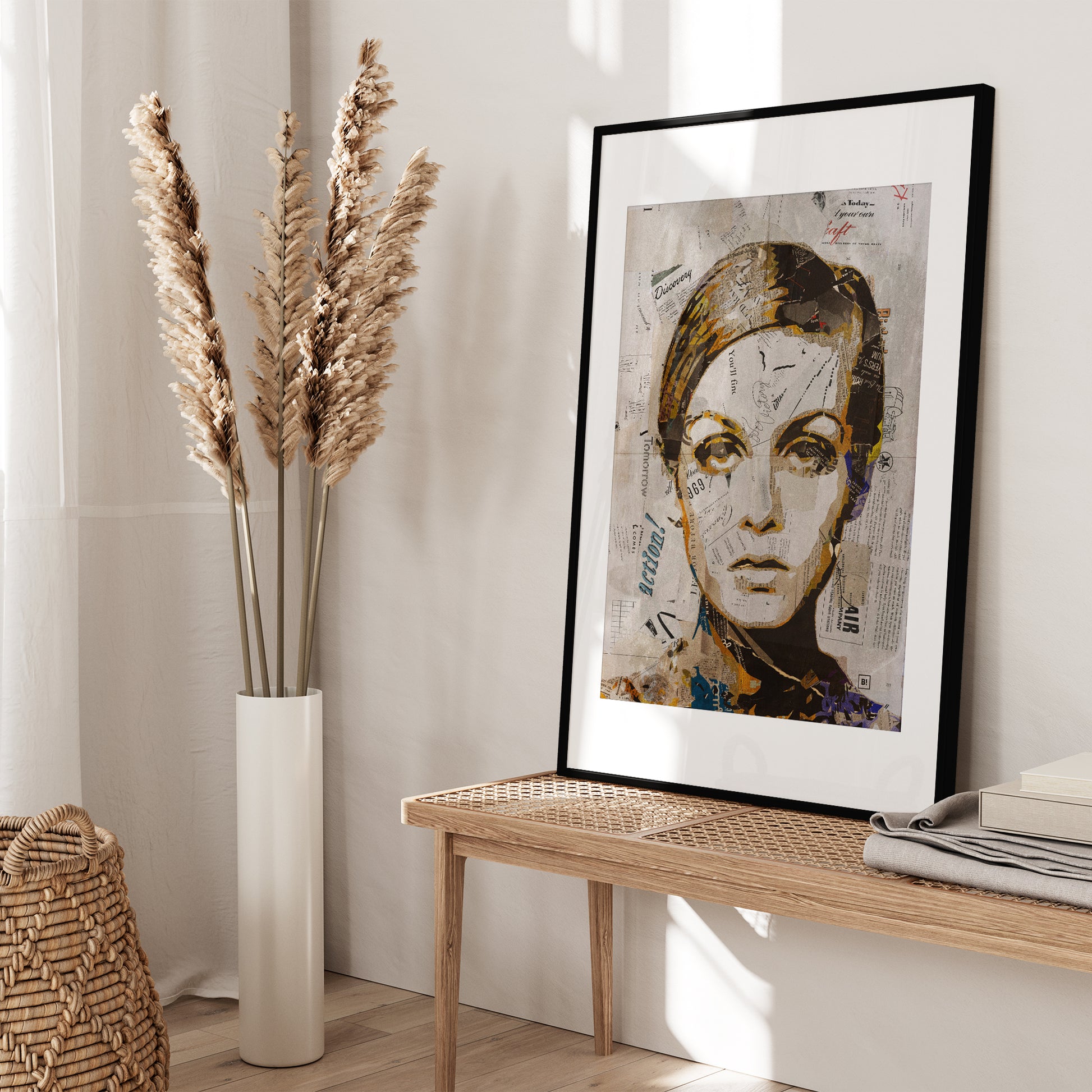 Be inspired by our iconic collage portrait art print of Twiggy. This artwork was printed using the giclée process on archival acid-free paper and is presented in a black frame with passe-partout, capturing its timeless beauty in every detail.