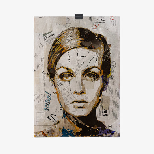 Be inspired by our iconic collage portrait art print of Twiggy. This artwork was printed using the giclée process on archival acid-free paper, capturing its timeless beauty in every detail.