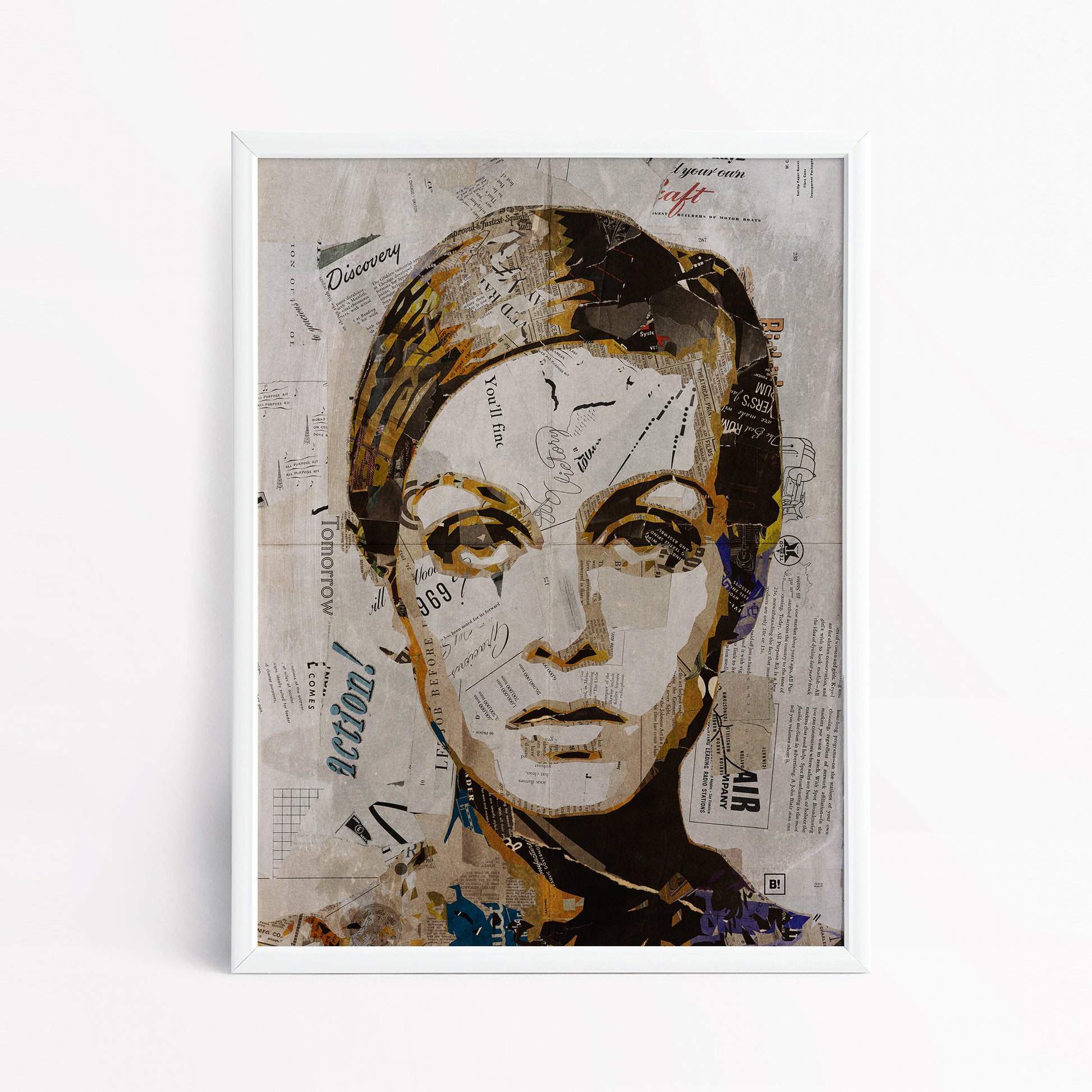 Be inspired by our iconic collage portrait art print of Twiggy. This artwork has been printed using the giclée process on archival acid-free paper and is presented in a sleek white frame, showcasing its timeless beauty in every detail.
