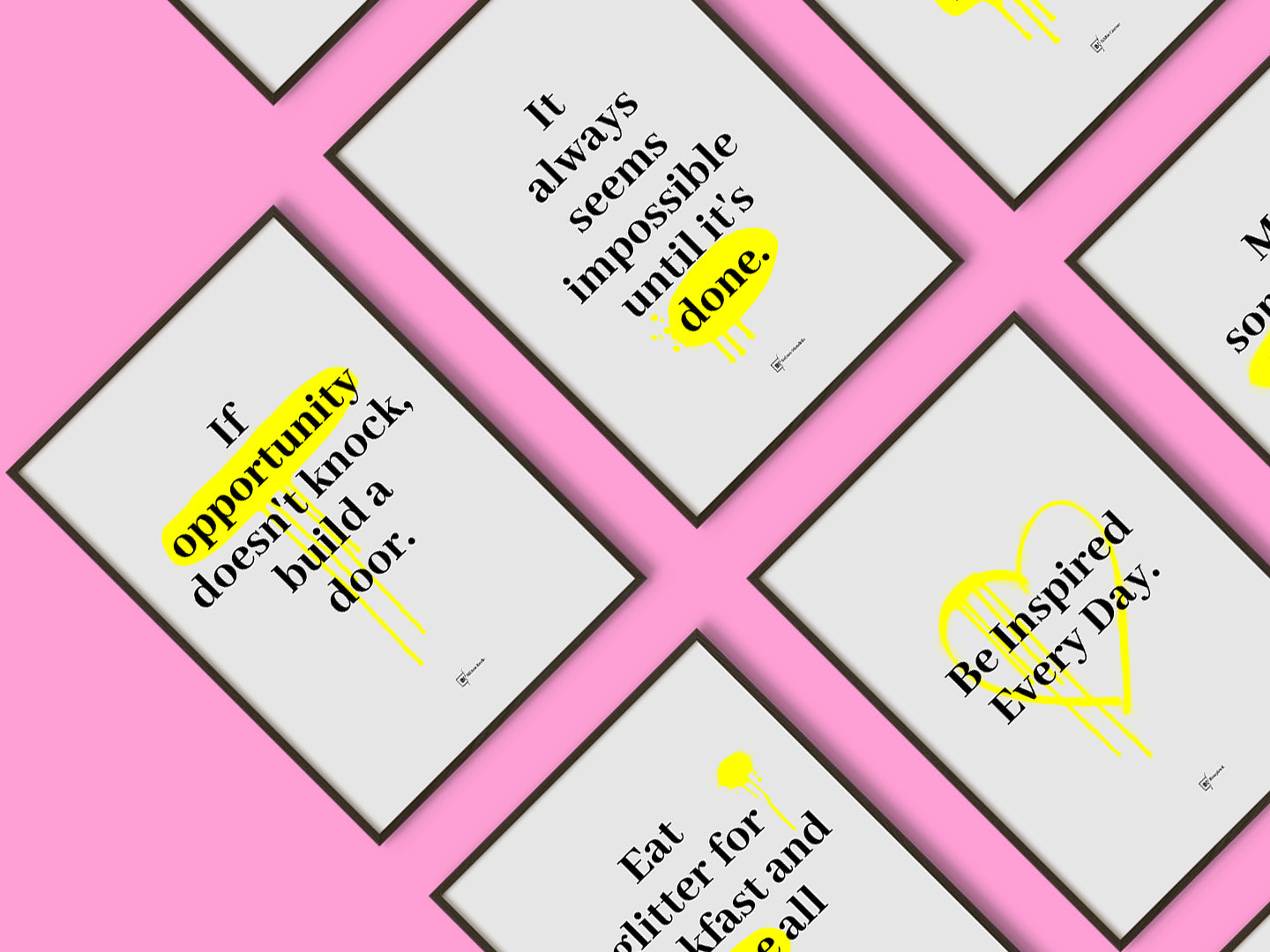 Banner for BINSPIRED's Everyday Quotes Print Collection. Showcases seven bold, reimagined designs in sleek black frames, set against a soft blush pink backdrop. Ideal for adding artistic flair and inspiration to any space.