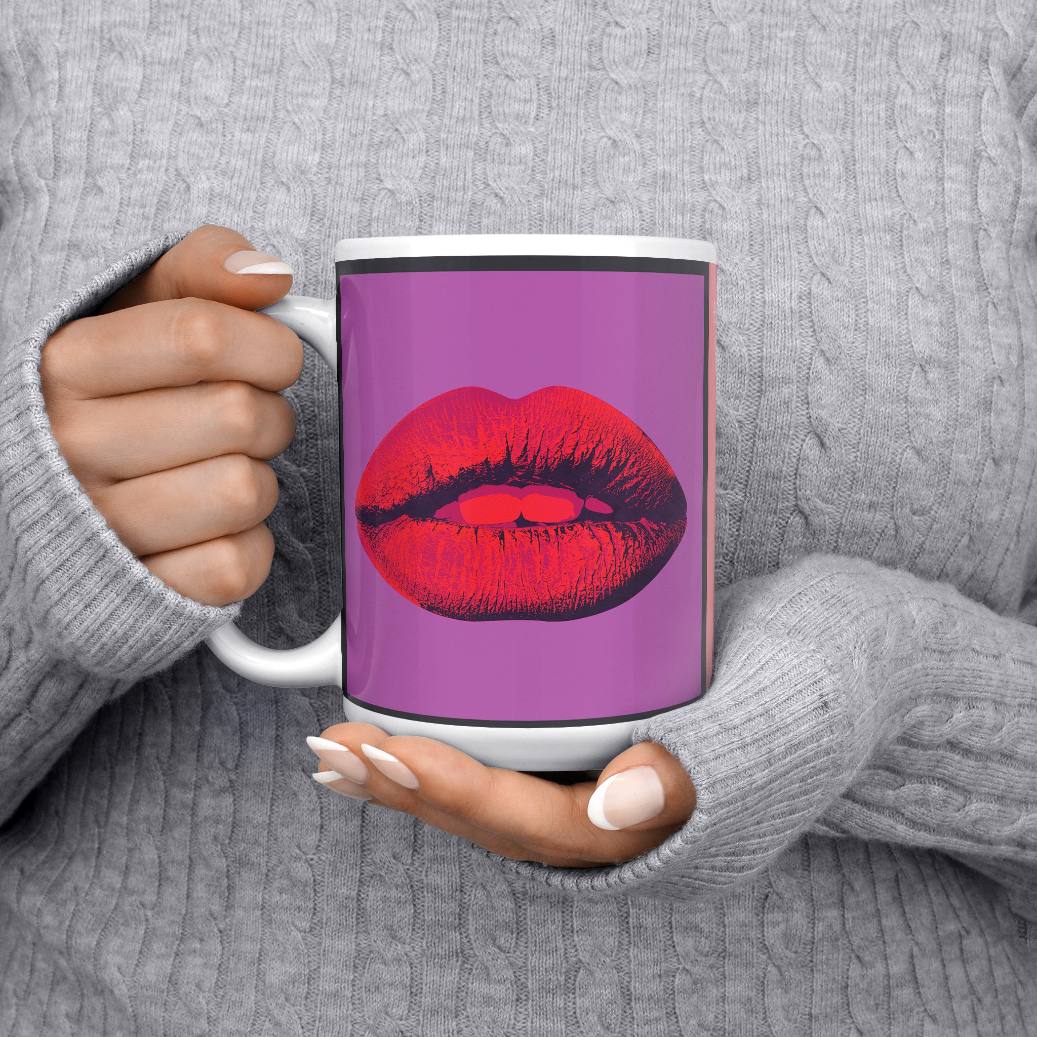 Left side view of the Mon Amour Lady Liberty 11oz mug with bold pink Liberty, green lips, and purple-red design.
