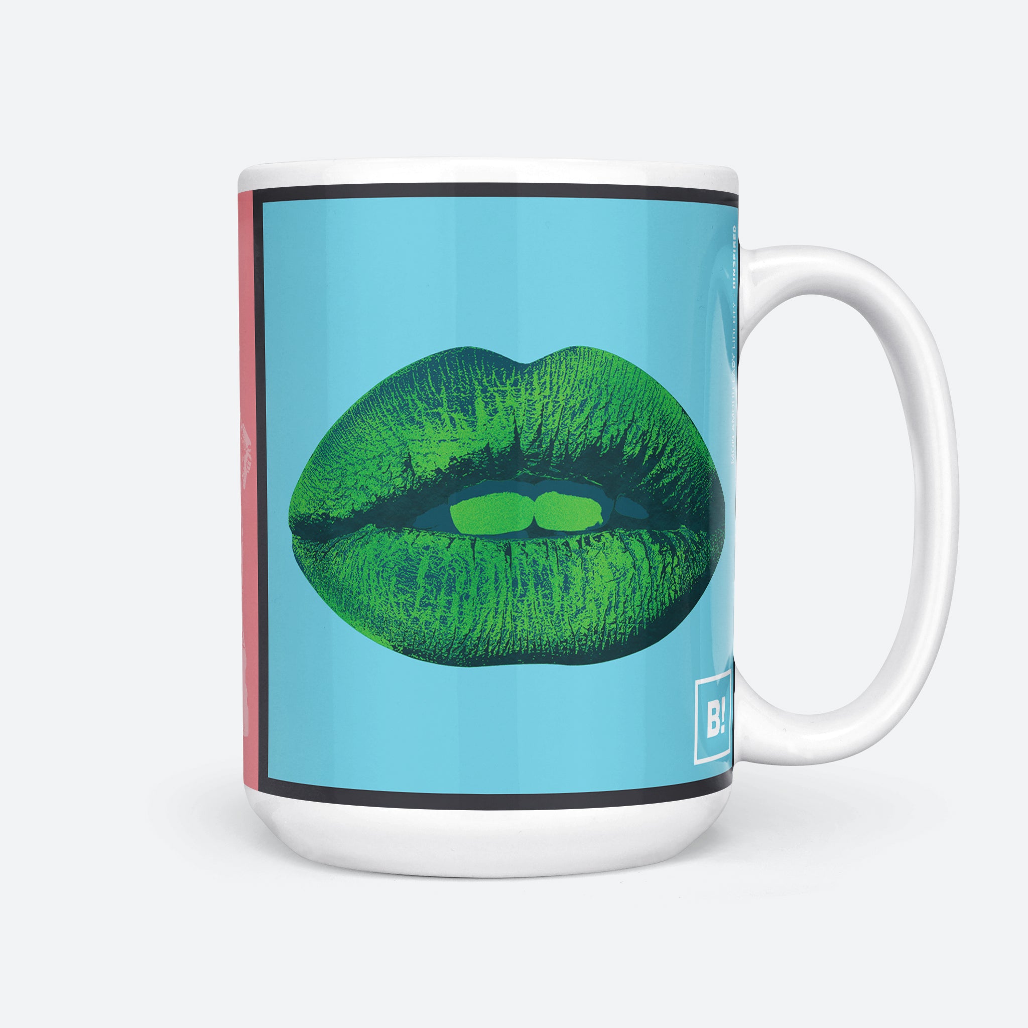Right side view of the Mon Amour Lady Liberty 11oz mug displaying Liberty in pink, red kiss, and a dynamic color blend.