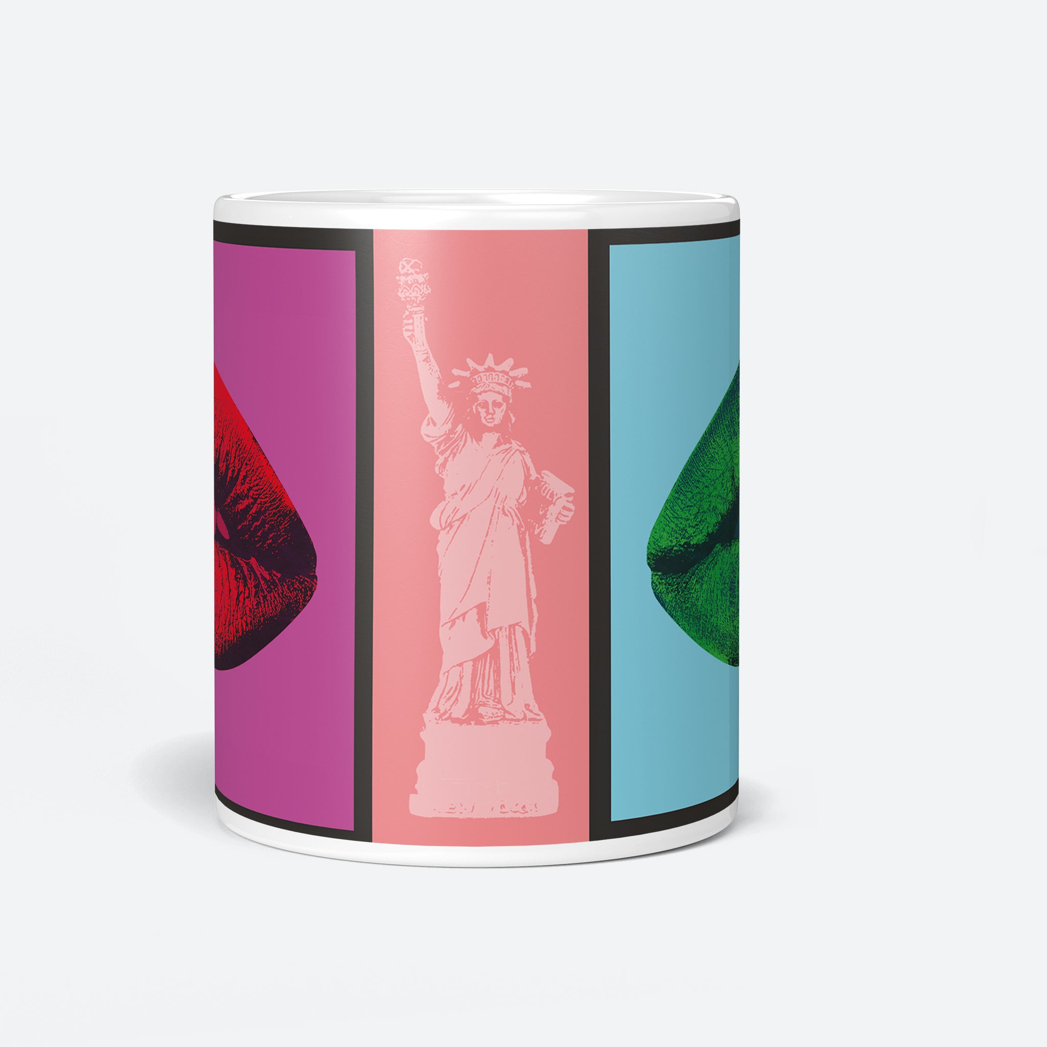 Front view of the Mon Amour Lady Liberty 11oz coffee mug with vibrant green lips, blue background, and bold pink Liberty silhouette.