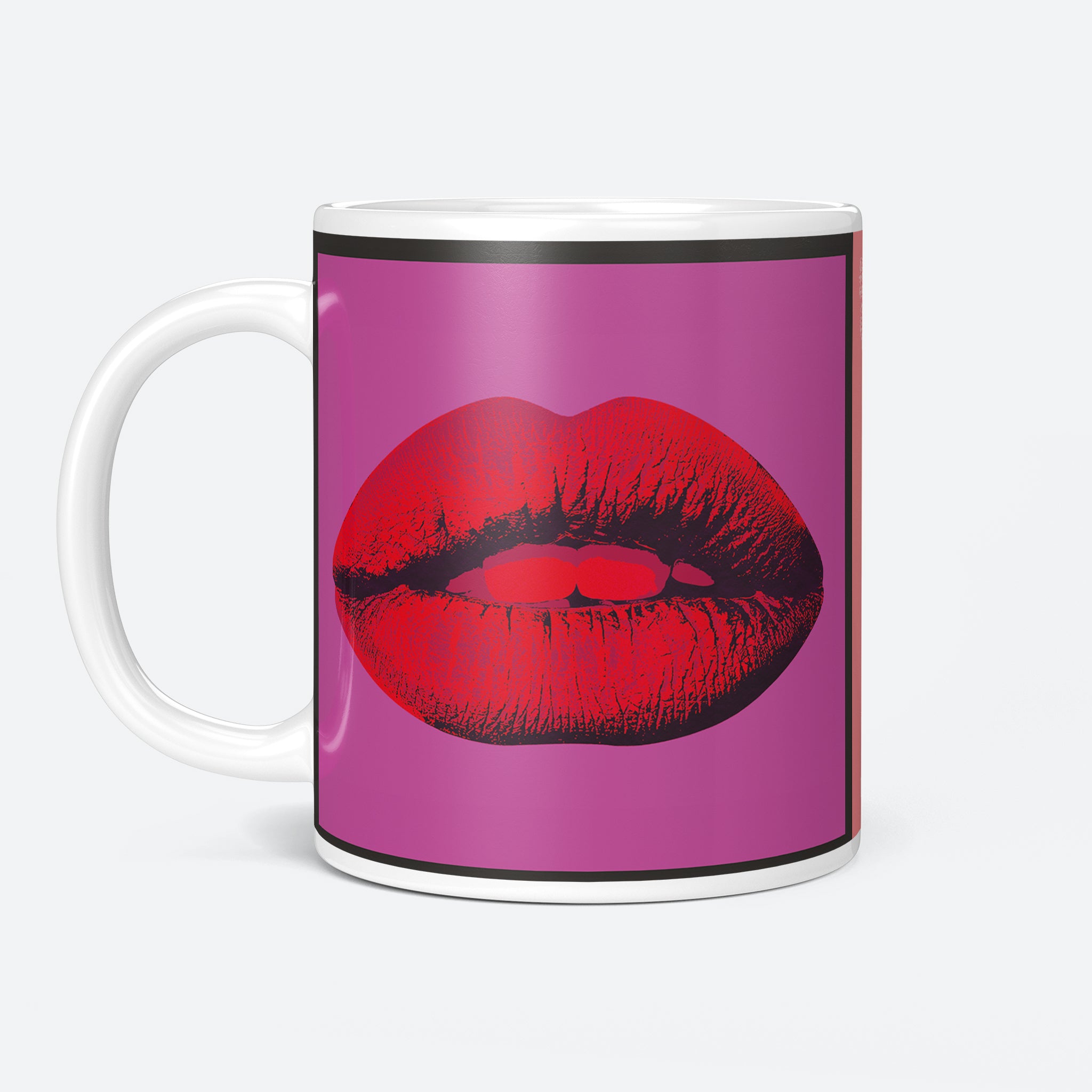 Left side view of the Mon Amour Lady Liberty 15oz coffee mug featuring vivid green lips, cool blue background, and bold pink Liberty figure.