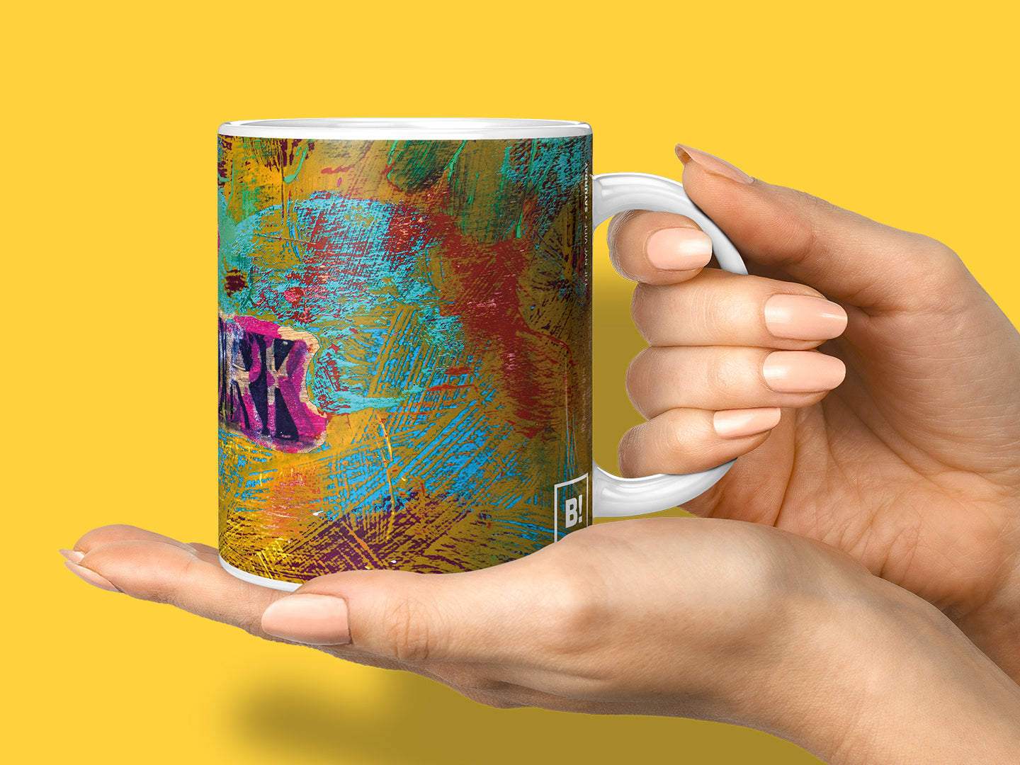 Banner showcasing BINSPIRED's The NYC Vibe Coffee Mugs Collection: a hand holds a mug against a golden yellow background, capturing the vibrant energy and dynamic spirit of New York City.