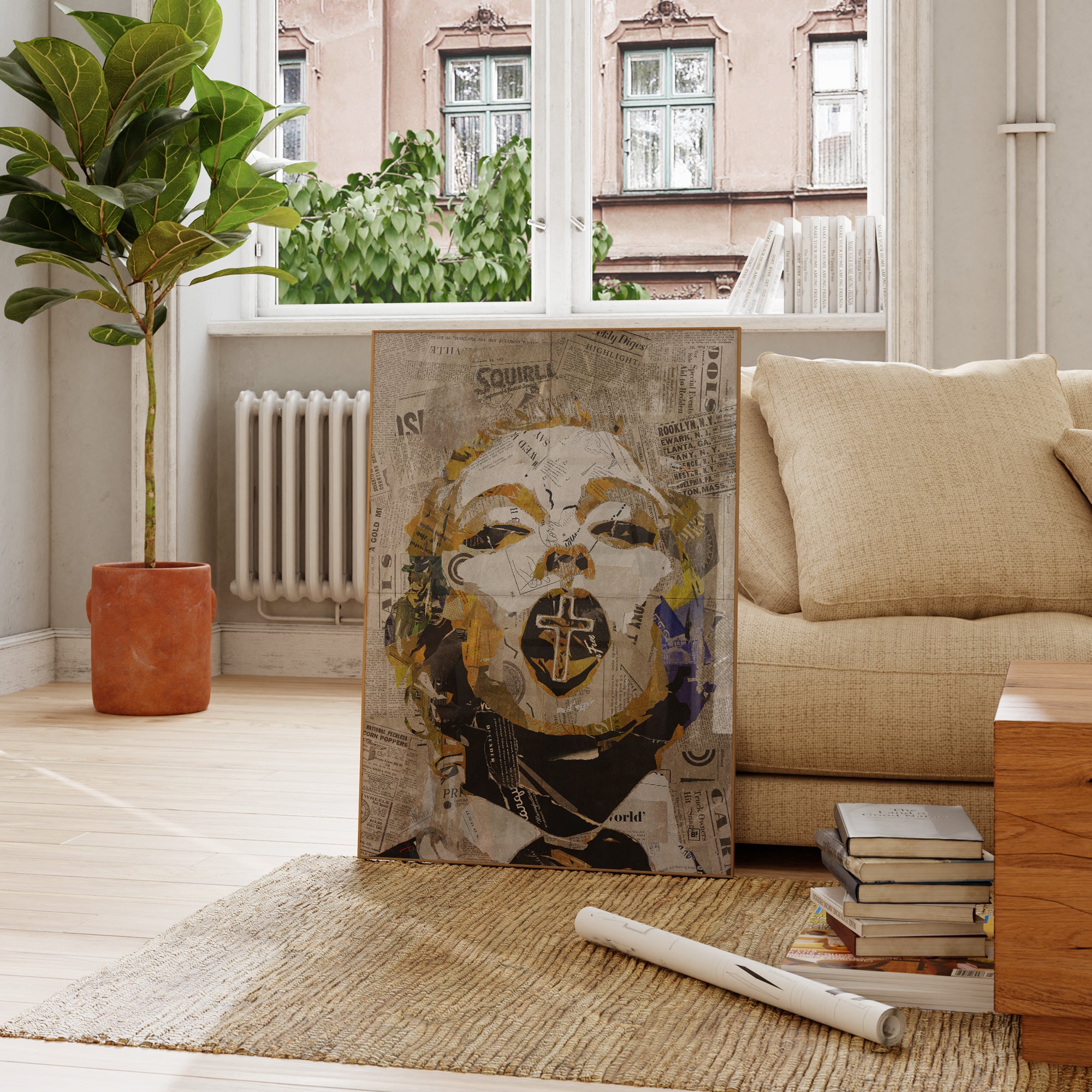 Be inspired by our iconic collage portrait art print of Madonna. This artwork was printed using the giclée process on archival acid-free paper and is presented in a French living room, capturing its timeless beauty in every detail.