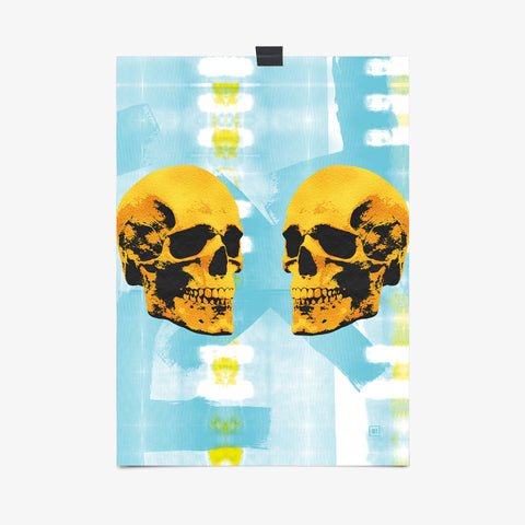 Be inspired by our colorful "Golden Skulls High Five" art print! This artwork was printed using the giclée process on archival acid-free paper, capturing its timeless beauty in every detail.