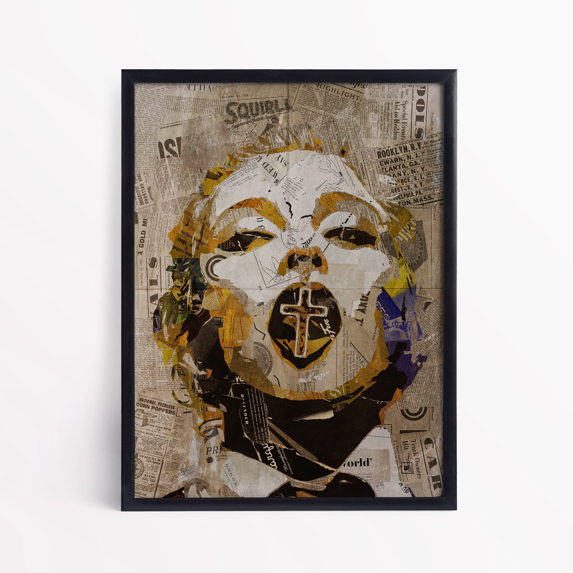 Be inspired by our iconic collage portrait art print of Madonna. This artwork has been printed using the giclée process on archival acid-free paper and is presented in a sleek black frame, showcasing its timeless beauty in every detail.