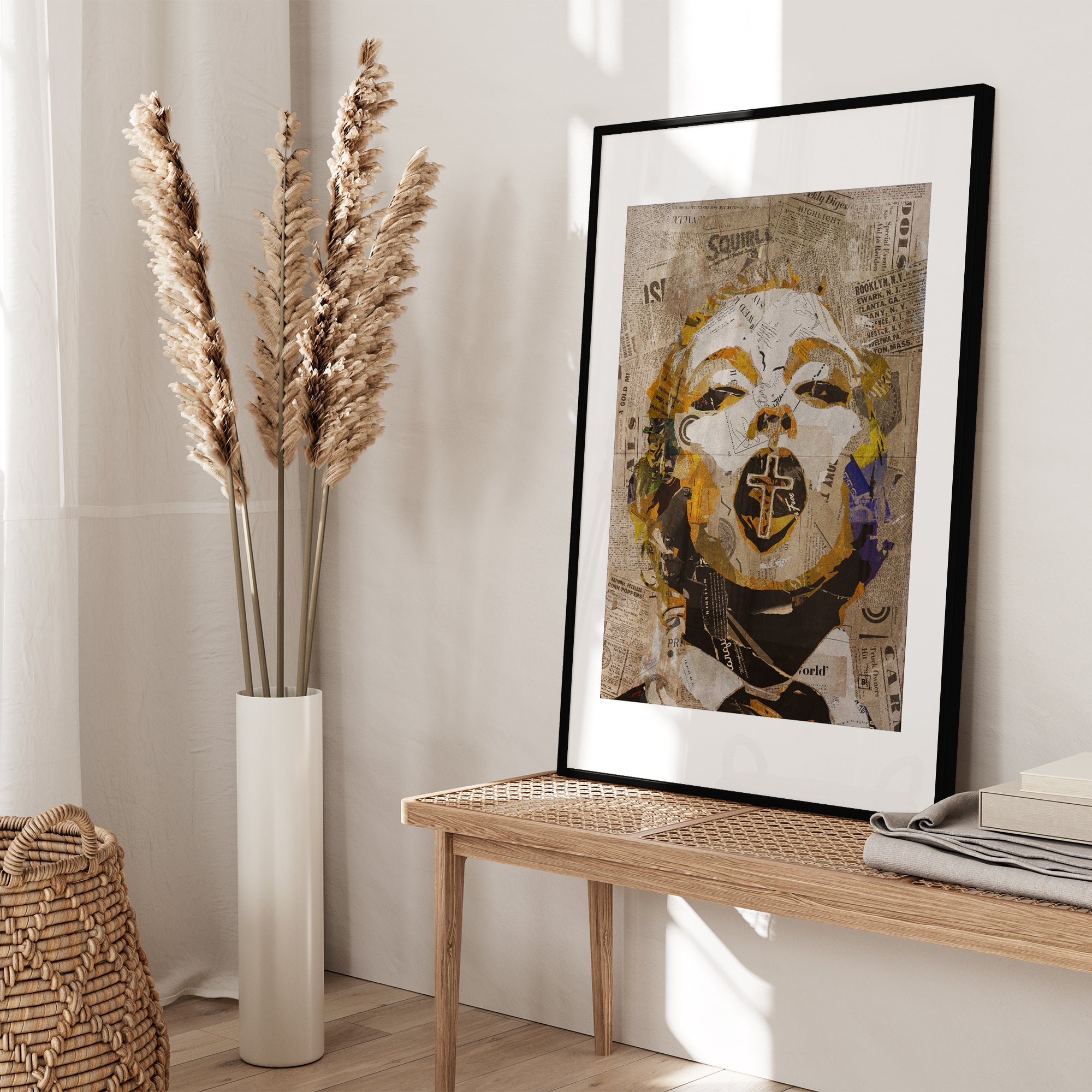 Be inspired by our iconic collage portrait art print of Madonna. This artwork was printed using the giclée process on archival acid-free paper and is presented in a black frame with passe-partout, capturing its timeless beauty in every detail.