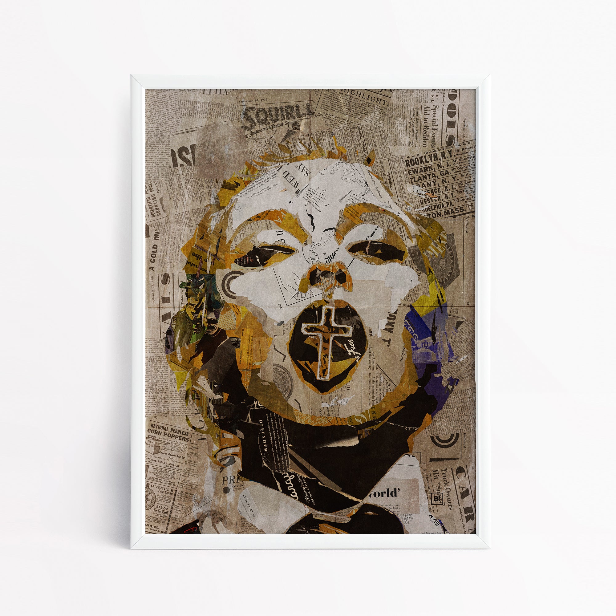 Be inspired by our iconic collage portrait art print of Madonna. This artwork has been printed using the giclée process on archival acid-free paper and is presented in a sleek white frame, showcasing its timeless beauty in every detail.